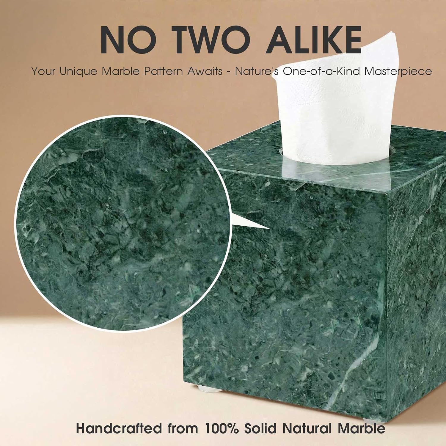 Natural Marble Tissue Box Cover - Square Facial Tissue Holder for Bathroom Vanity, Living Room & Office - Heavyweight Stone Cover fits Standard Cube Boxes, 5.5x5.5in (Green)