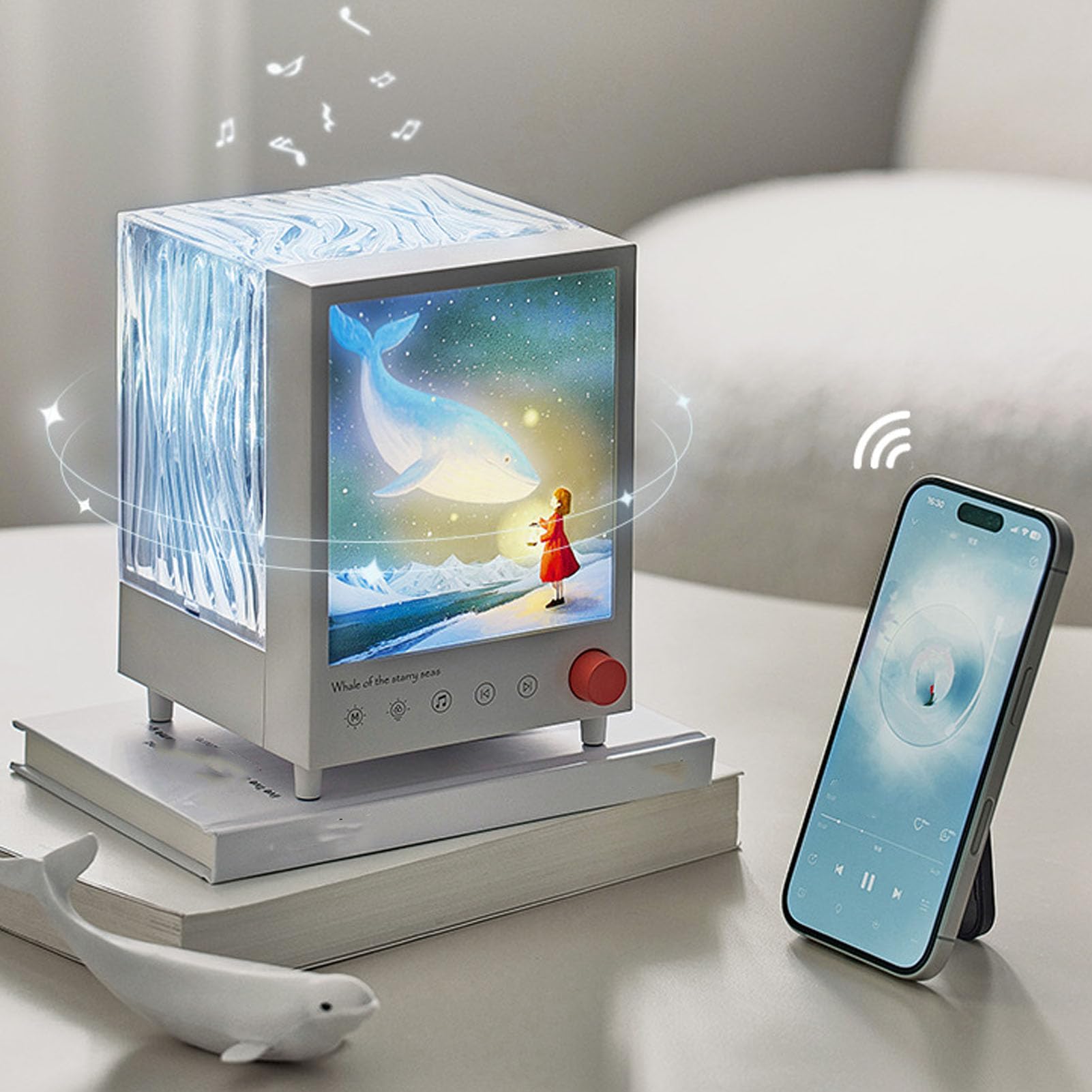 Umgebungsprojektionslicht, 7-farbiges Dynamisches Wasserwellen-Bluetooth-Lautsprecherlicht, Nachtlampe mit Weißem Rauschen und 8 Klangoptionen für Schlafzimmer, Badezimmer, Entspannung,