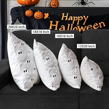 Halloween Ghost Decorative Pillow Covers 18x18 Set of 2, White Soft Plush Faux Fur Farmhouse Throw Cushion Cases for Fall Autumn Holiday Home Decorations