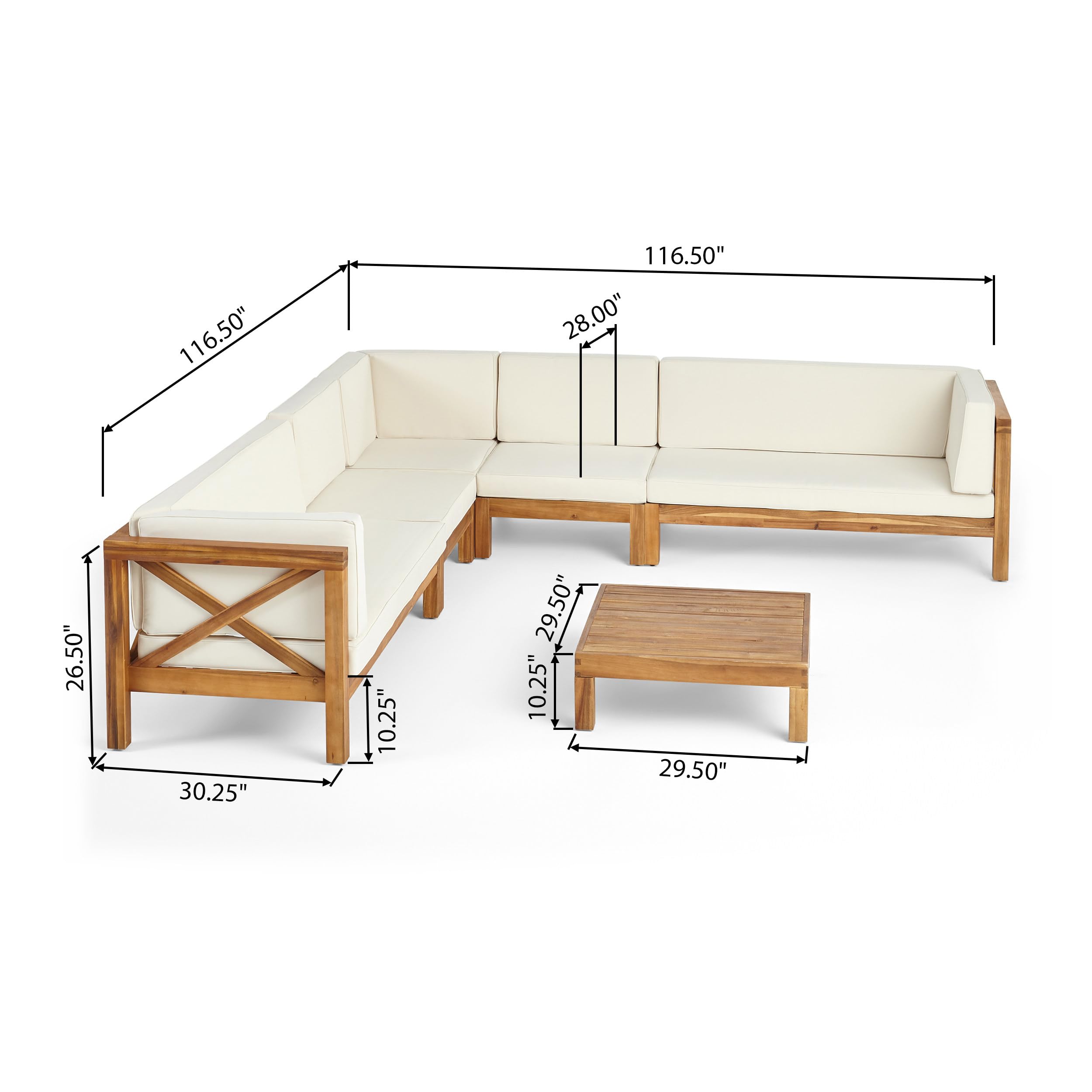 Juego de sofá seccional de madera de acacia para exteriores, 7 plazas, acabado teca y beige 3