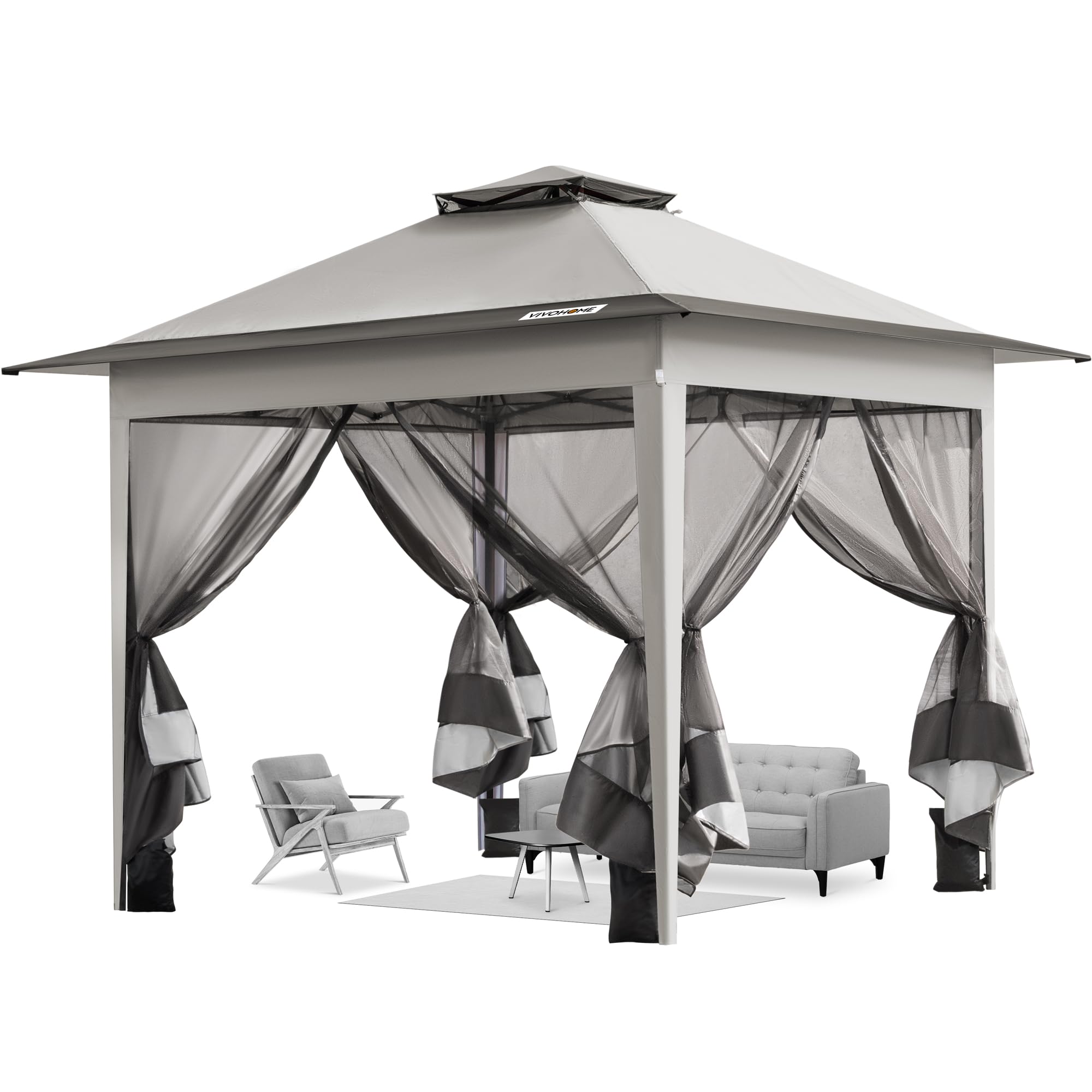 VIVOHOME Gazebo Screen Canopy Tent Outdoor Pop-Up Waterproof with Mosquito Netting Portable Roller Bag Yard Camping Picnic Party Events (Grey & Black, 3x3m)