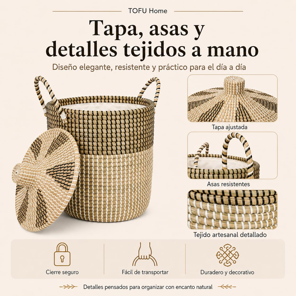 Pack 3 Cestas para Ropa Sucia y Almacenamiento, Cesta Tejida de Hierba Marina Artesanal Vietnam (76L/43L/26L) con Asas, Tapa y Forro Desmontable Lavable, Multiusos Salón Dormitorio Cocina Baño