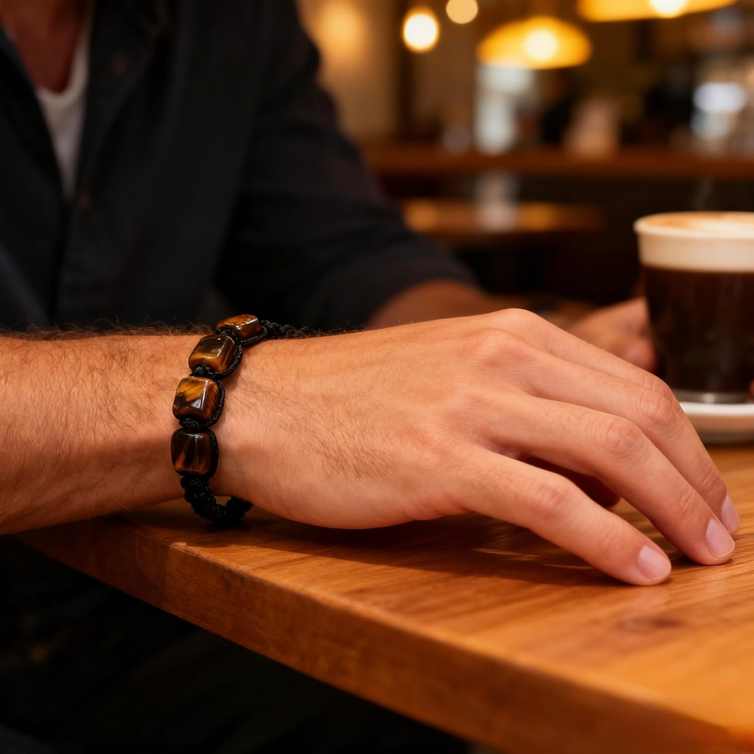 LINGYUAN Tiger’s Eye Bracelet for Men, Handmade Square Stone Macrame Adjustable Bracelet for Strength, Focus & Protection - Image 6