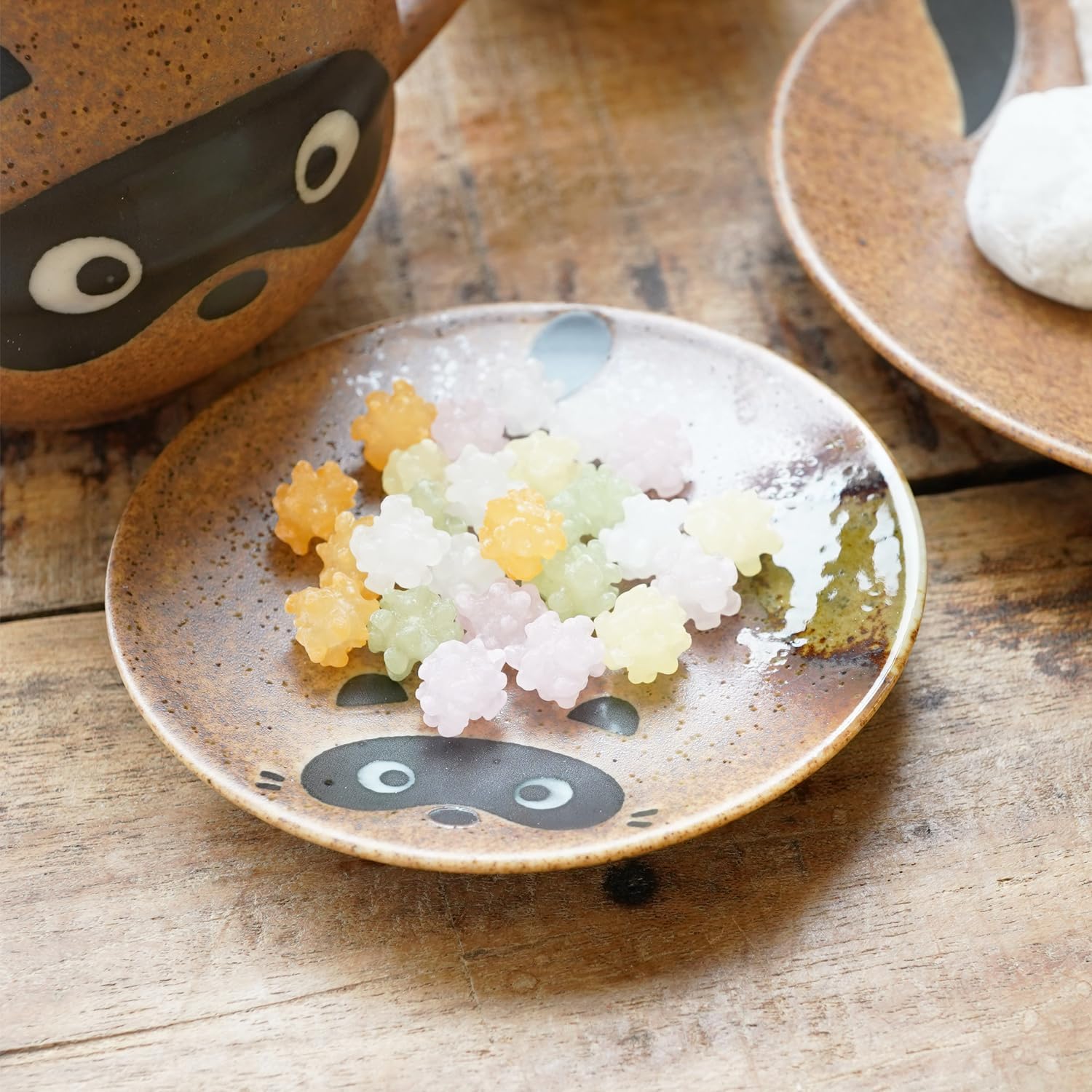 Mino-yaki Japanese Small Plates Set of 4 - Ceramic Tanuki Raccoon Dog Design, Handcrafted in Japan, Appetizer Dessert Snack Dishes (3.5 inches)
