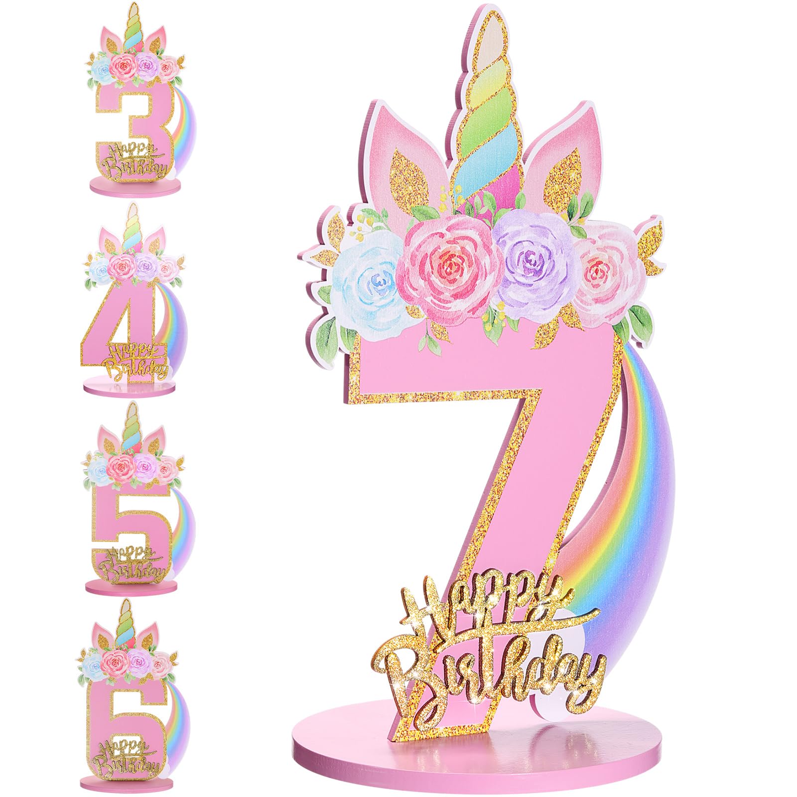 Unicorn 3/4/5/6/7th Birthday Number Sign Centerpiece for Girls 11.8 Inch Unicorn Number Wooden Table Decoration Unicorn Party Supplies for Kids Birthday Anniversary (Number 7)