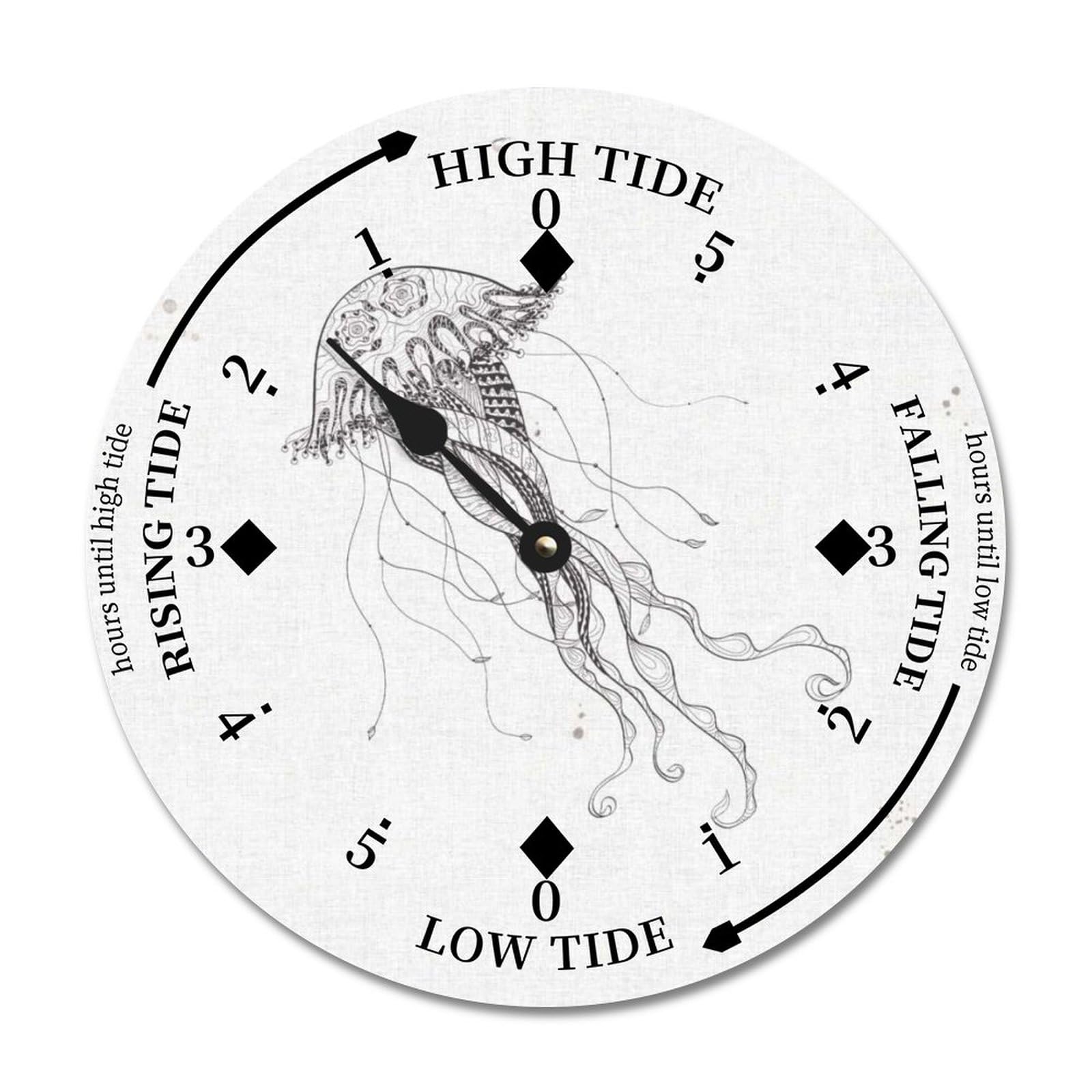 Sea Life Jellyfish Tide Clock Nautical Seaside Seashore Wood Tidal Clock with High Tide Low Tide Non-Ticking Battery Operated Tide Clock 12" Tide Movement Clock for Home Decor Wall Art