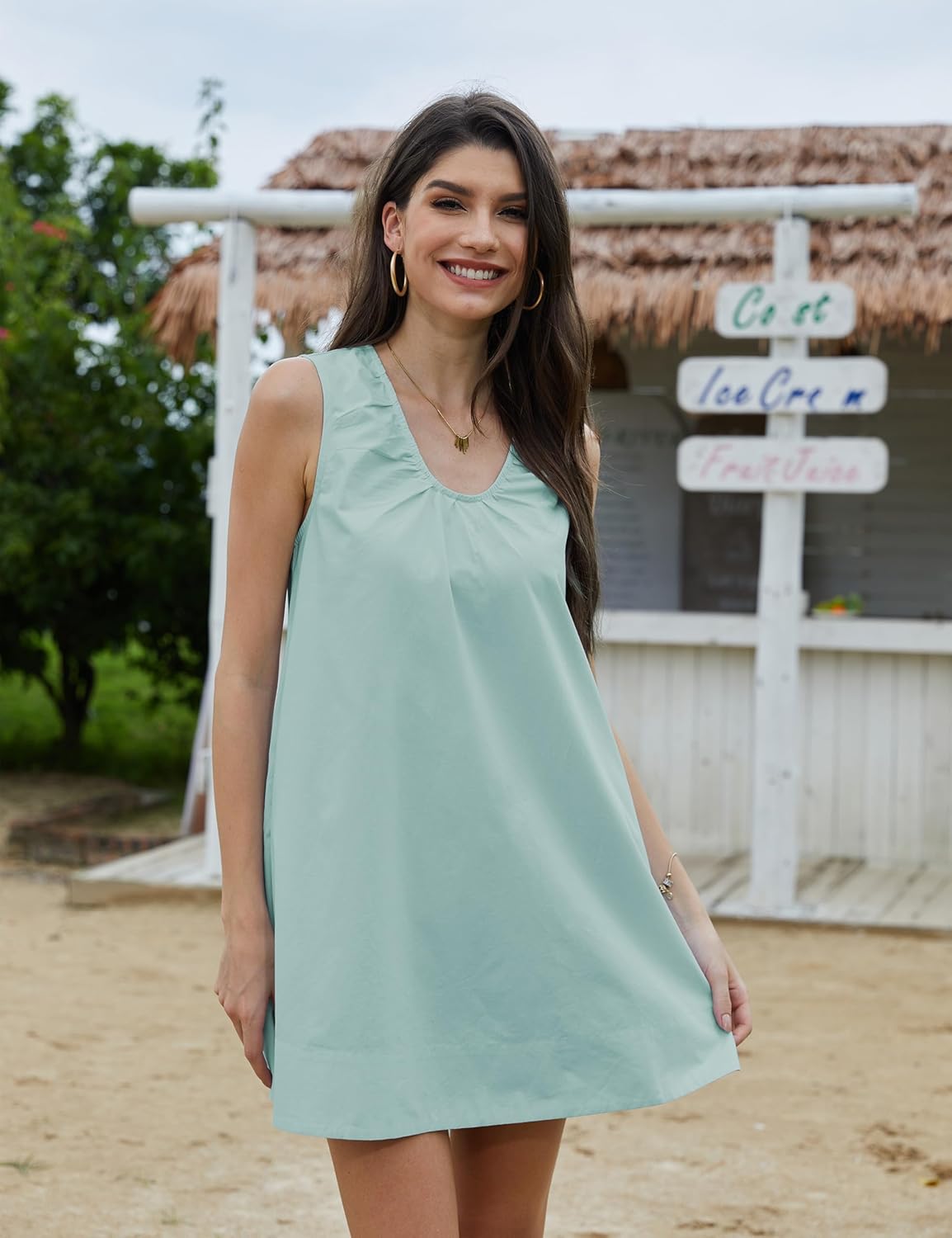 Women's Mini Babydoll Tank Dress Bubble Sleeveless Dresses Scoop Neck Ruched Short Summer Sundress with Pockets - Image 2