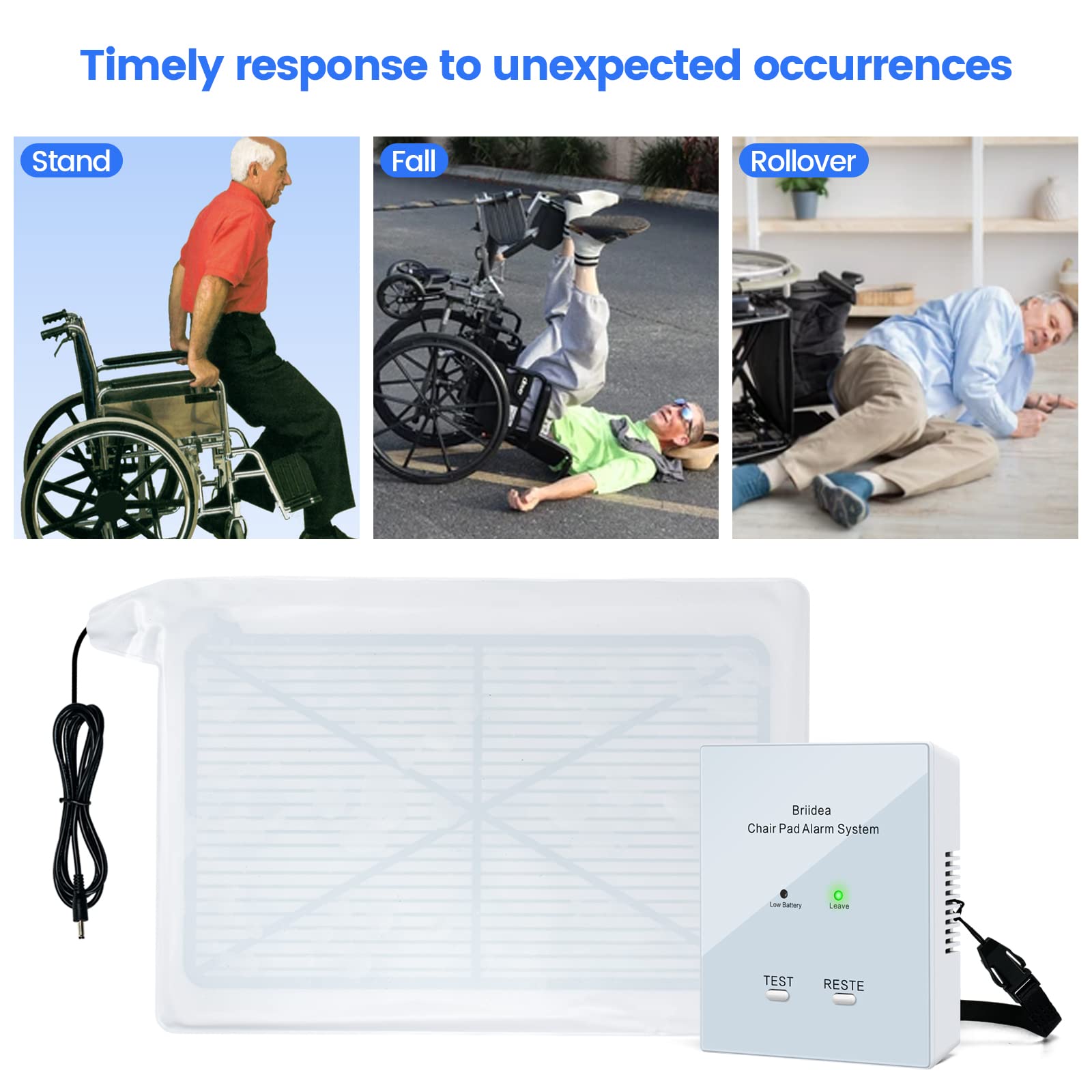 Alarma de silla para ancianos y pacientes con demencia, alarma de silla de ruedas briidea con alertas de sonido y luz, prevención de caídas, fácil de limpiar, protección de seguridad mejorada