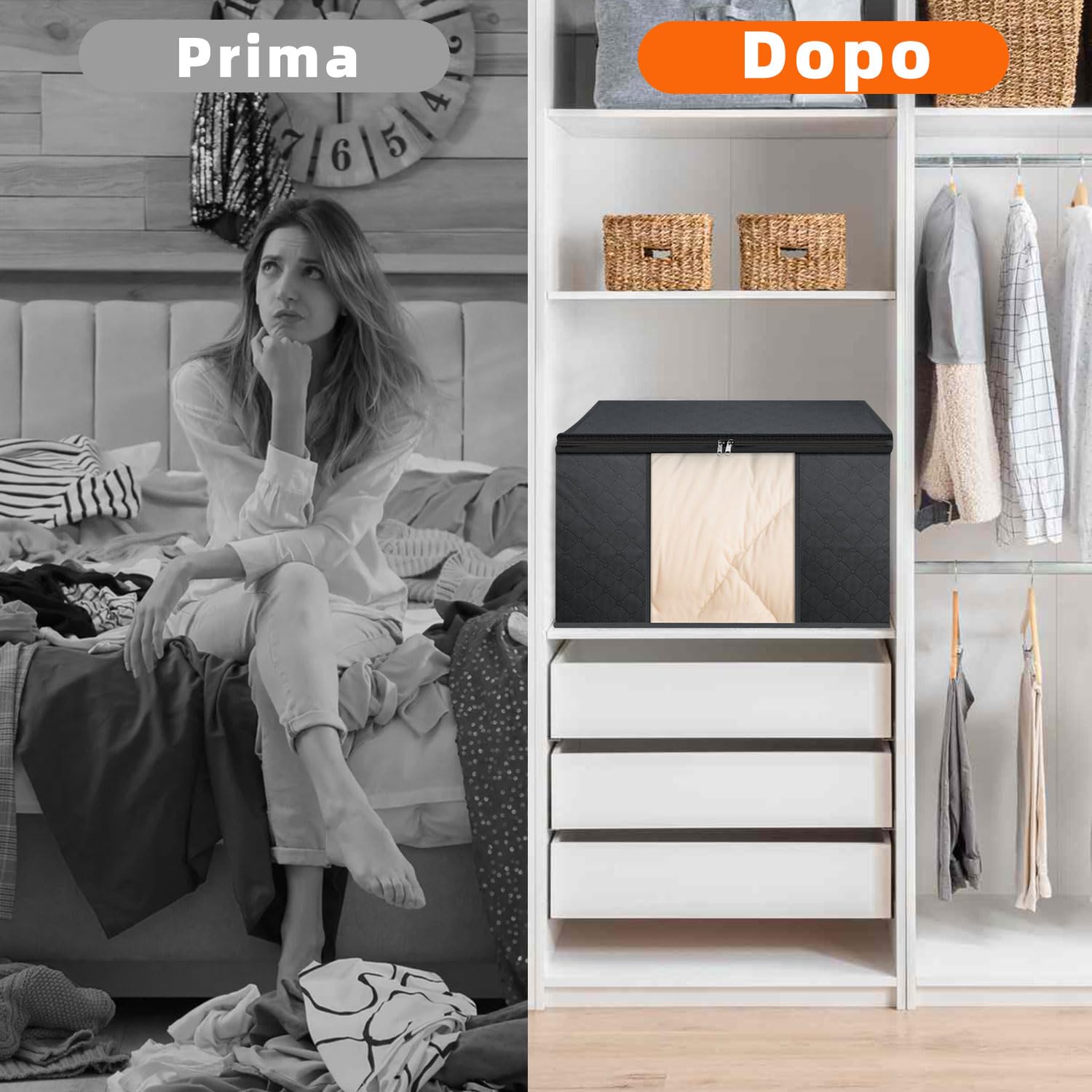 Set da 3 Borse Salvaspazio Pieghevoli 80L – Grigio Scuro – Tessuto a 3 Strati con Finestra Trasparente – per Vestiti, Coperte, Letto, Armadio