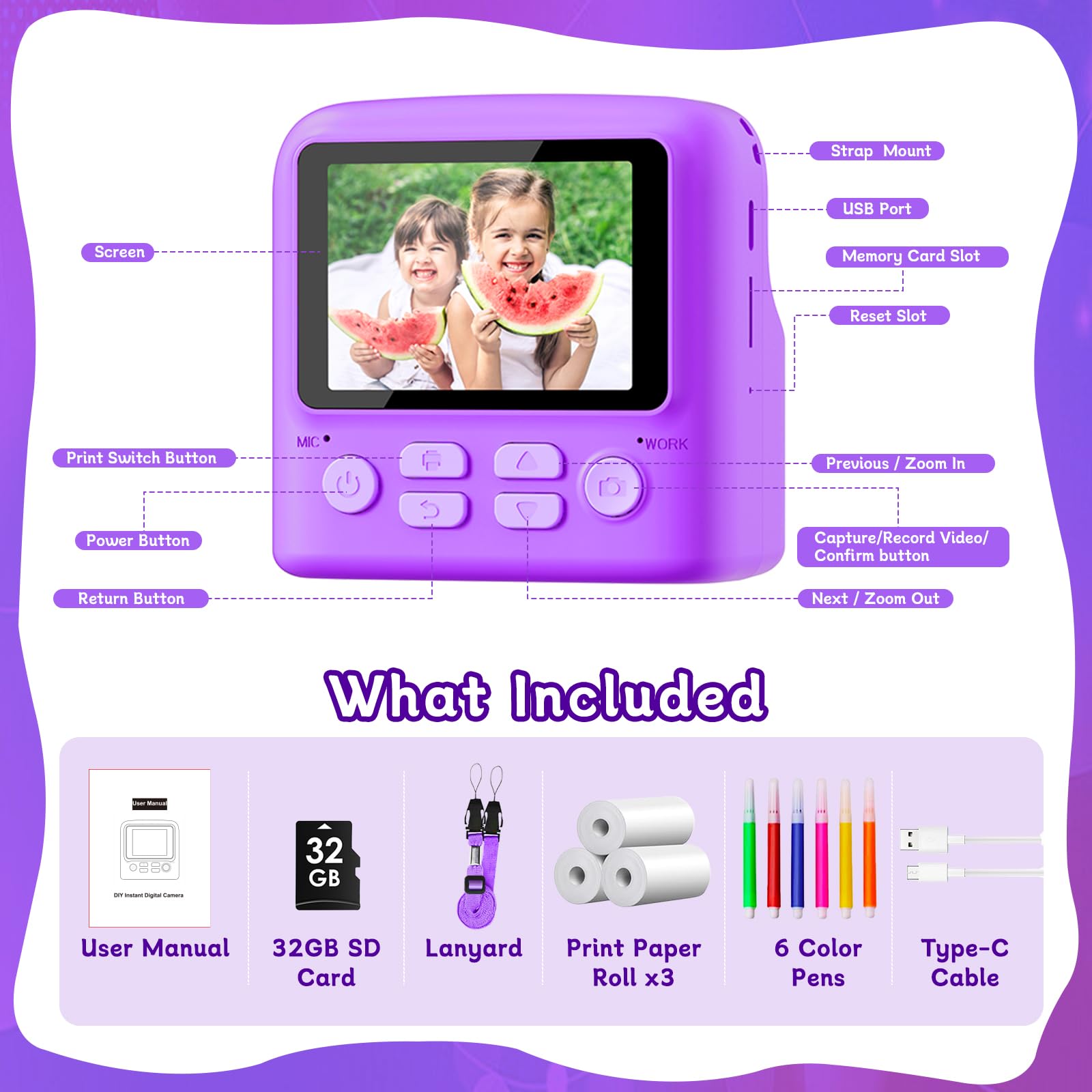 Cámara de impresión instantánea para niños, digital 1080P con tarjeta de 32 GB, portátil con cordón, para niñas y niños de 3 a 8 años 3