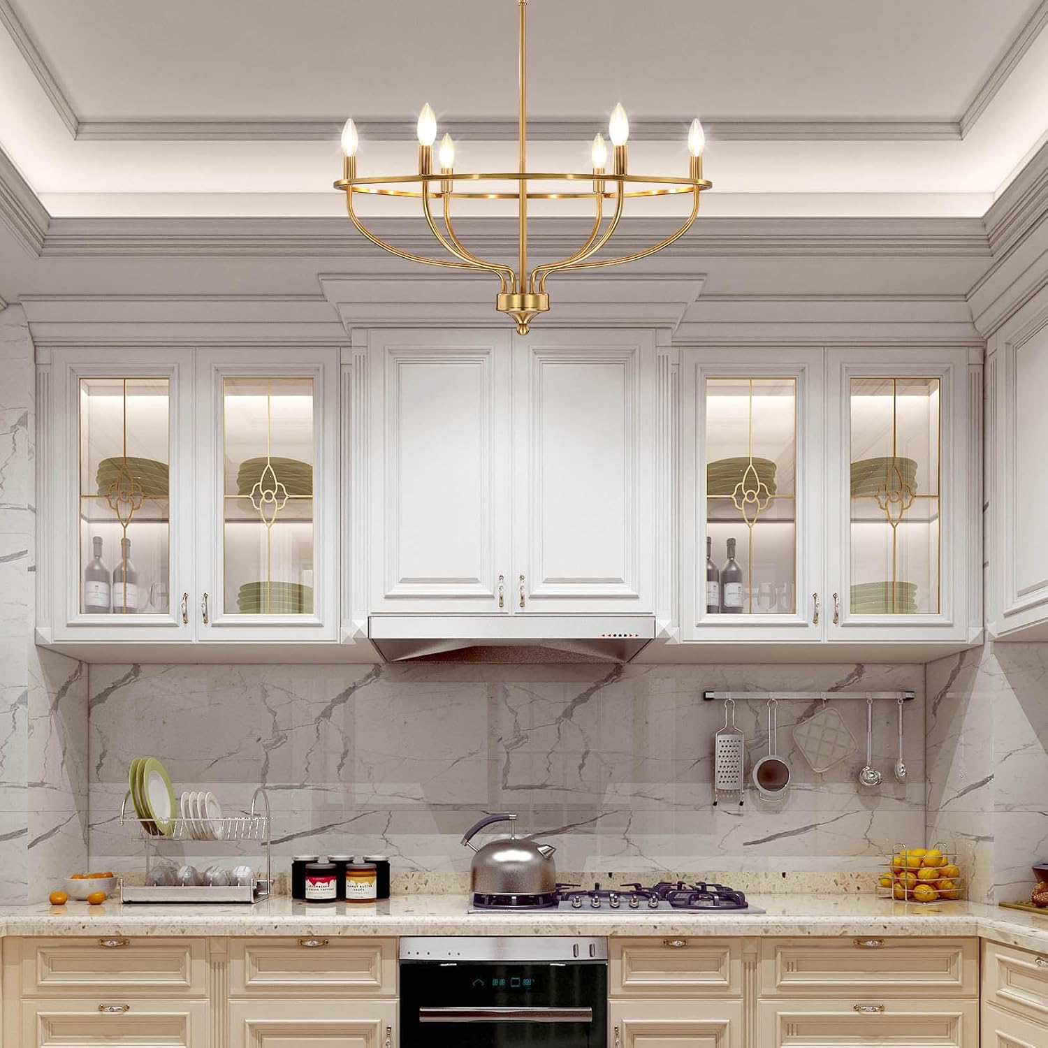 Gold Chandelier for Dining Room, 28.5 Inch Diameter Modern Farmhouse Candle Chandelier Light Fixture Over Table, 6-Light Brass Chandelier Lighting for Kitchen, Bedroom, Living Room (E12 Base)