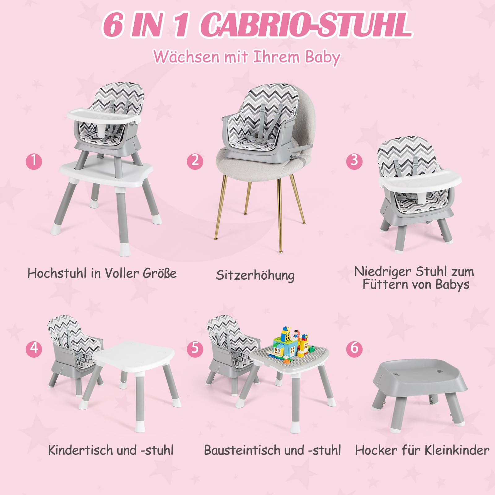 COSTWAY 6 w 1 krzesełko do karmienia dla niemowląt, krzesełko do karmienia i krzesło do jadalni i stół do nauki i stół z klockami i zestaw krzeseł dla dzieci, krzesełko do karmienia dla dzieci z pasem