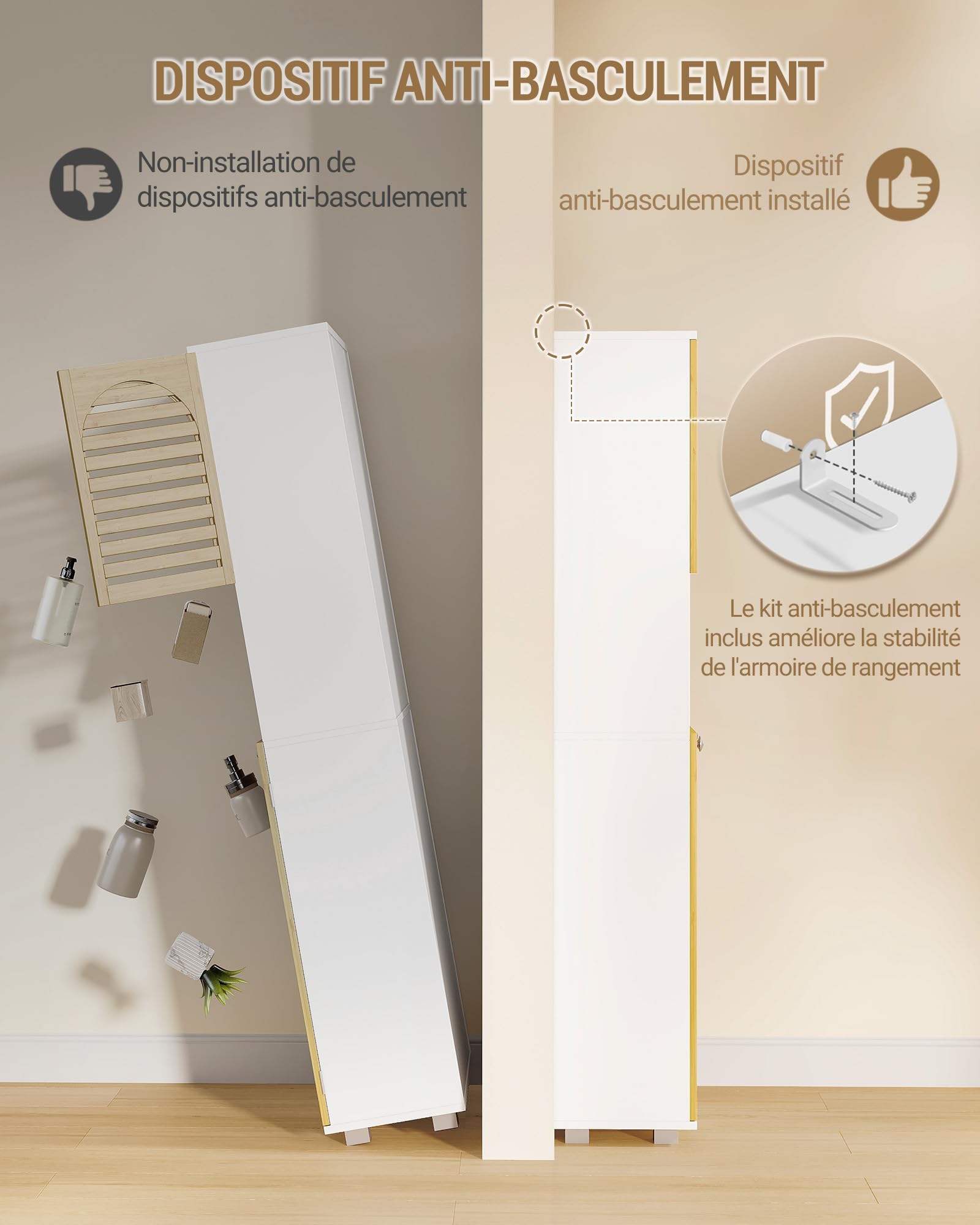 Hzuaneri Meuble Salle de Bain, Armoire de Rangement en Bambou avec Étagère Réglable, Meuble de Rangement avec 4 Portes en Bambou, pour Salon, Salle de Bain, 30 x 60 x 171,5 cm Blanc SC17103X
