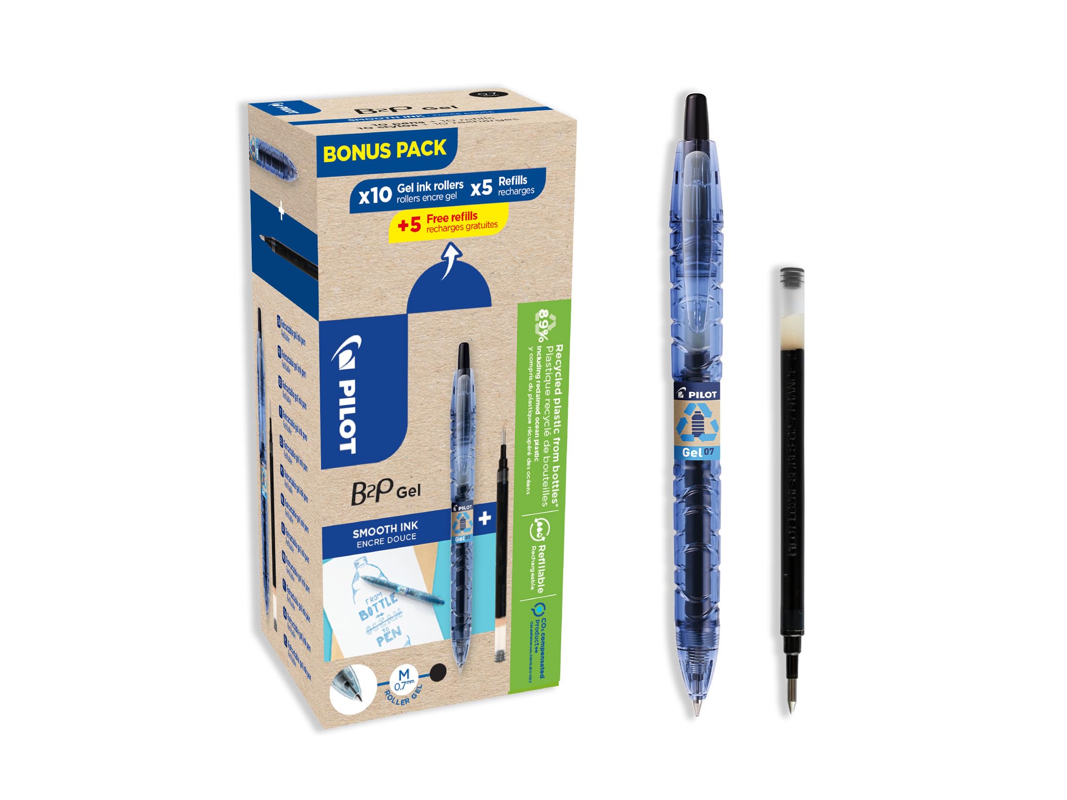 PILOT - 10er-Set B2P Gel + 5 Nachfüllungen + 5 Gratis - Tintenroller - Einziehbar und Nachfüllbar - Recycelter Kunststoff - Schwarz - Mittlere Spitze