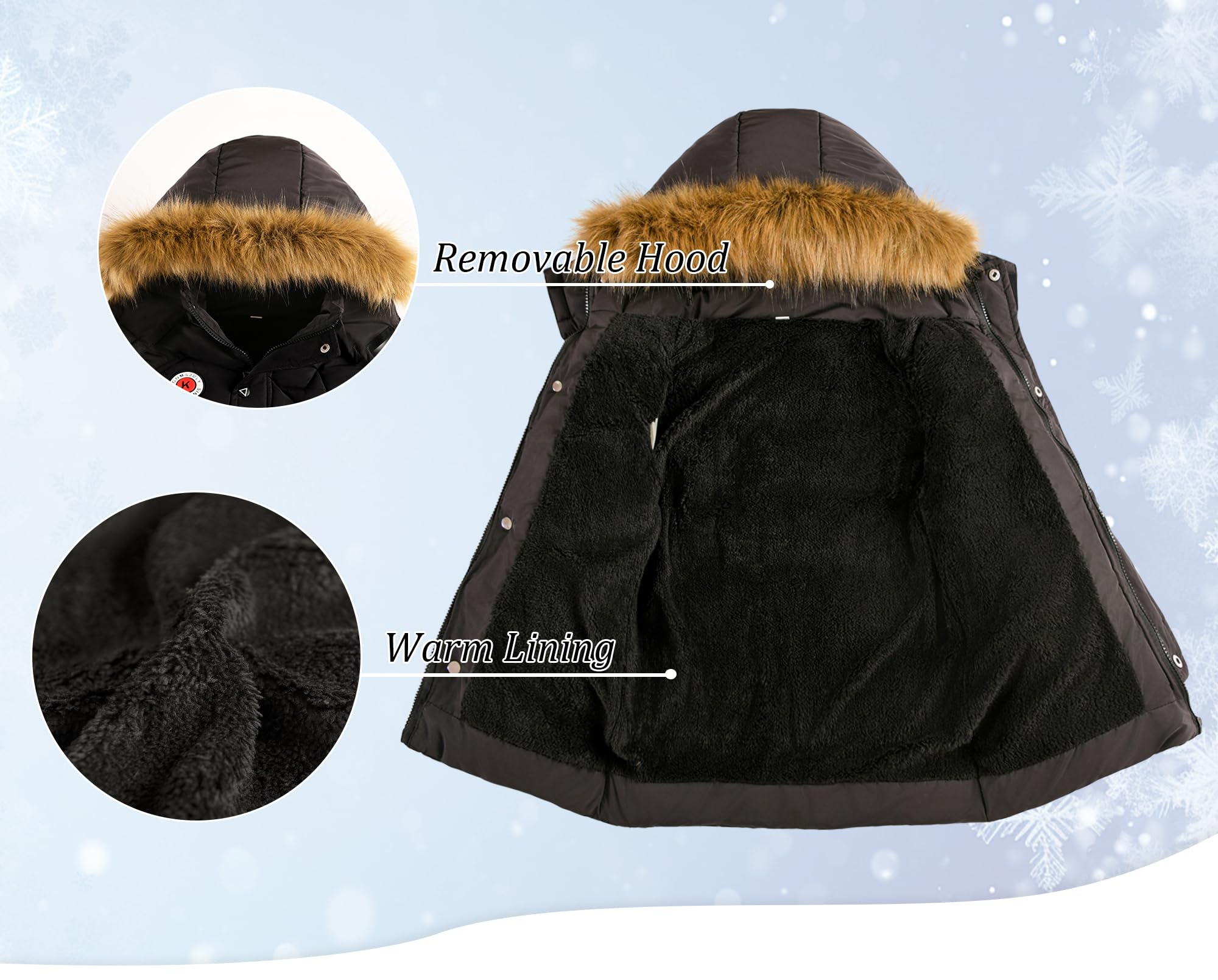 SEAUR Giacca invernale per bambini, imbottita, con cappuccio, trapuntata spessa, calda giacca parka con cerniera, 3-10 anni