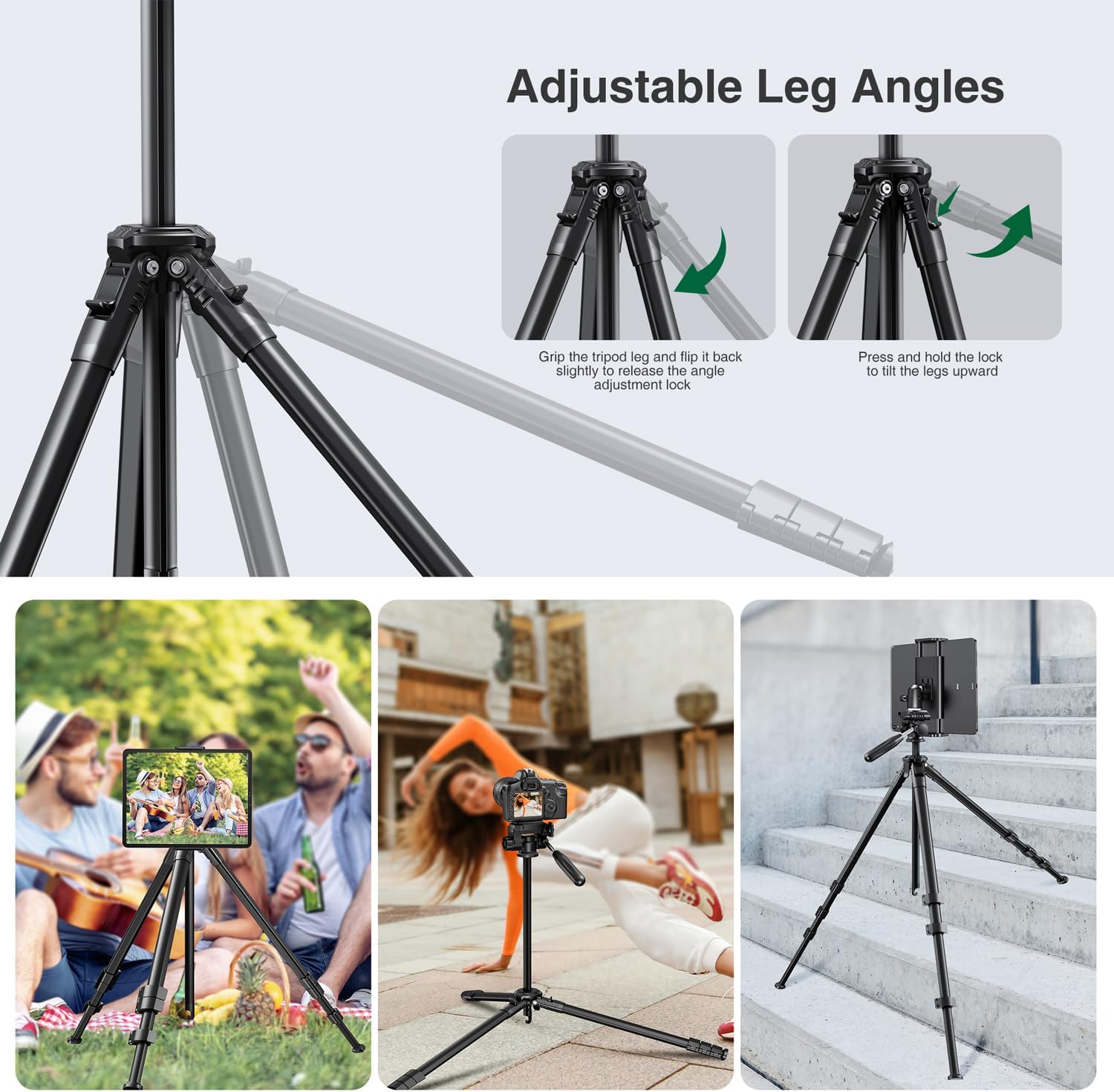 elitehood 63" Tripod for Camera and iPad Video Recording, Compact Travel Outdoor iPad Tripod Stand, Load Capacity 8kg/17.6lbs, Compatible with DSLR and 4.7-13" Tablet/Phone