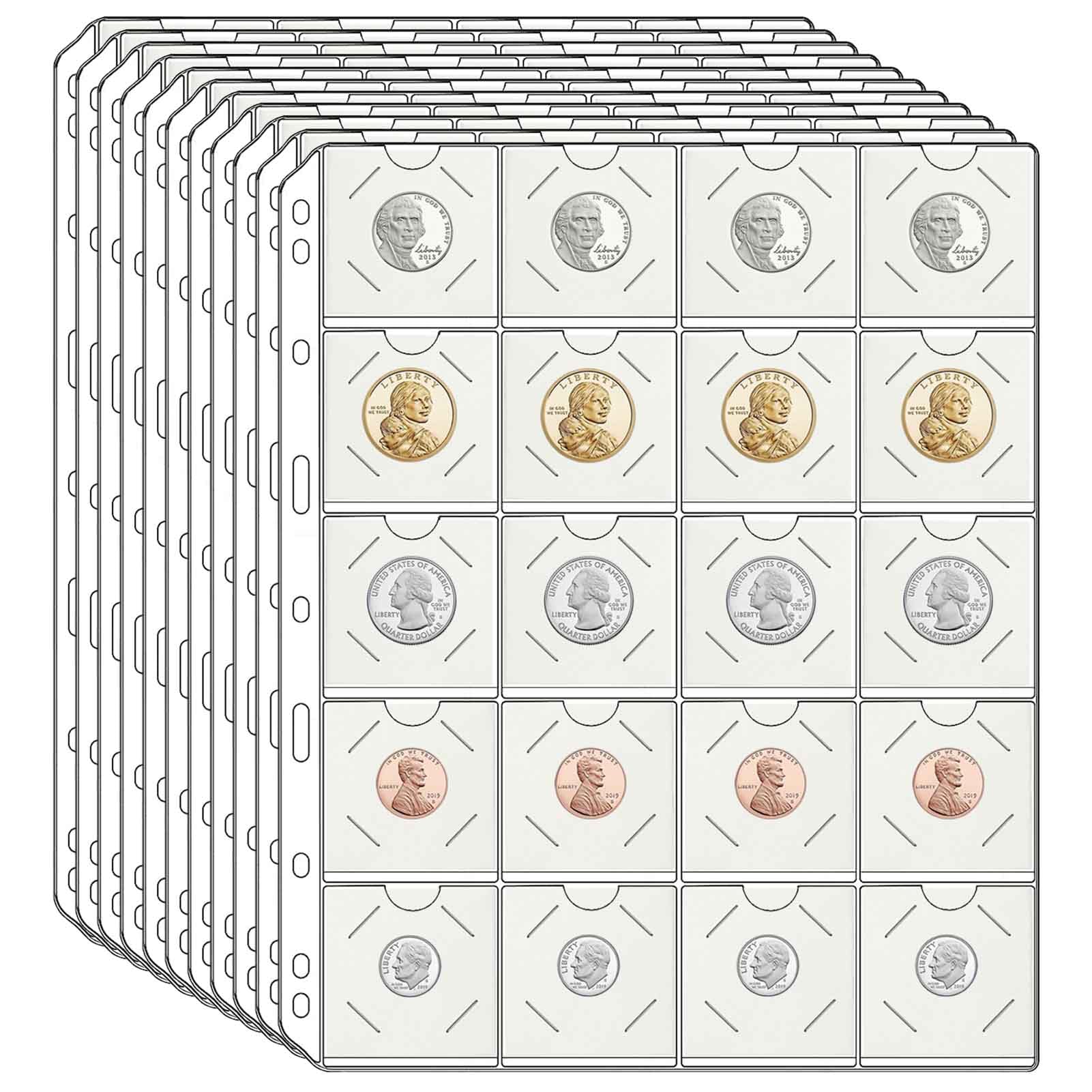 11 Sheets Coin Pocket Pages for 2" x 2" Cardboard Coin Flips, Standard 9-Hole for Coins Coin Binder Collection Supplies Pages(220 Pockets)