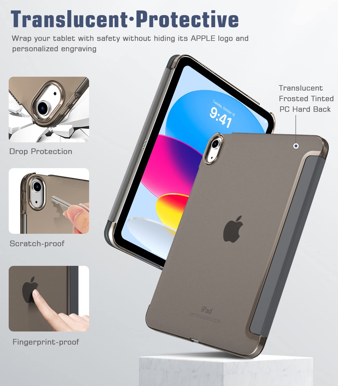 TiMOVO Cover Custodia Compatibile con iPad (A16) 11 Generazione 11 Pollici 2025/iPad 10 Generazione 10,9" 2022, Retro in PC Rigido Semi-Trasparente, Funzione di Auto Sveglia/Sonno, Grigio Metalizzato