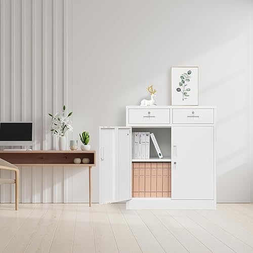 Miniatura 6 de CMY Armario de almacenamiento de metal con dos cajones, gabinetes de acero de 36 pulgadas de alto con estante ajustable, armario de almacenamiento