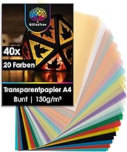 OfficeTree 40 x Transparent Paper Colourful A4 20 Colours - 130 g/m² - Parchment Paper Colourful Including Gold & Silver - Colourful Tracing Paper for Crafts Lanterns