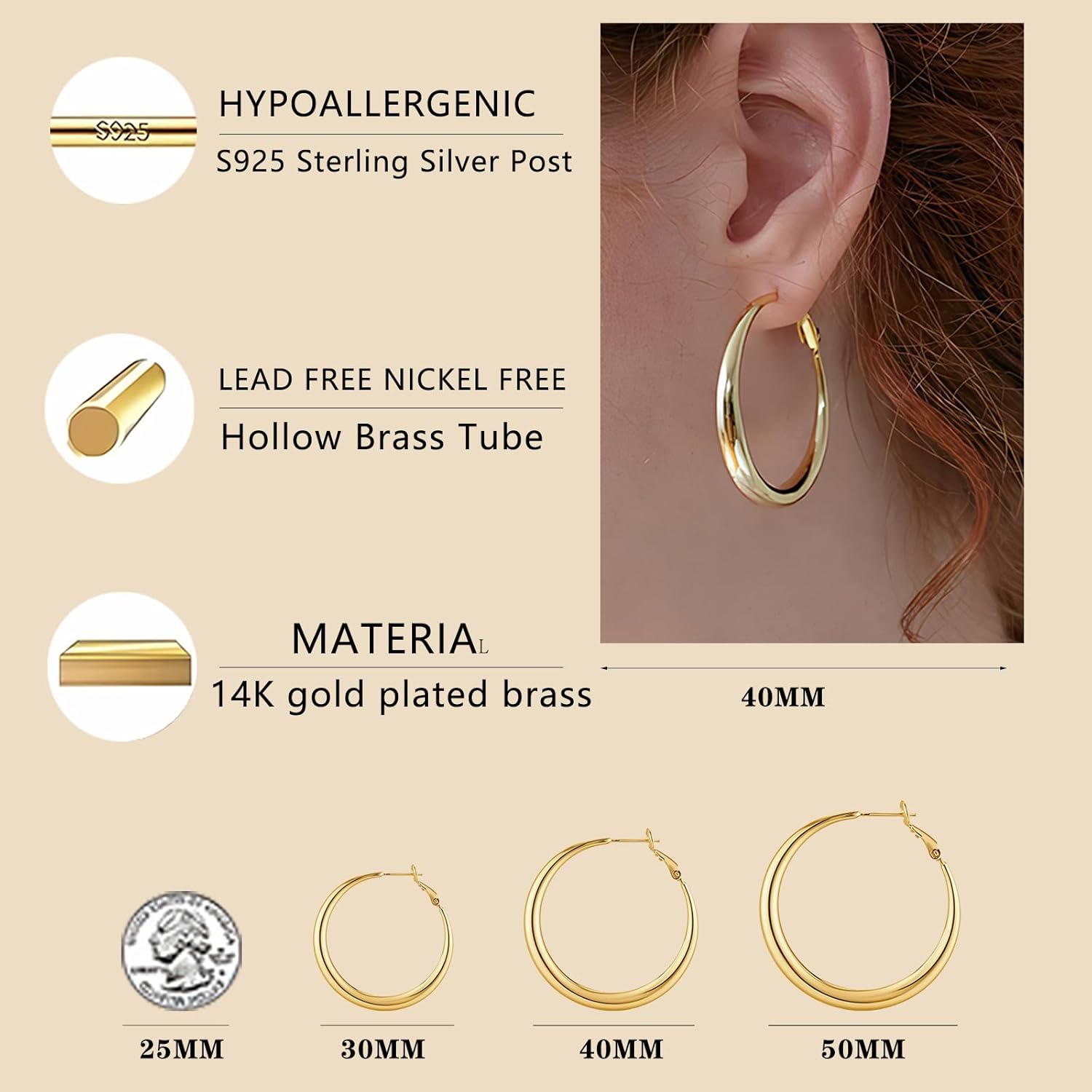 14K Gold Hoop Earrings for Women, 925 Sterling Silver Hypoallergenic Post Hoops 30 40 50mm, 4mm Width, Classic Polished Earring Chunky with Lightweight Comfort for Everyday Wear - Image 2