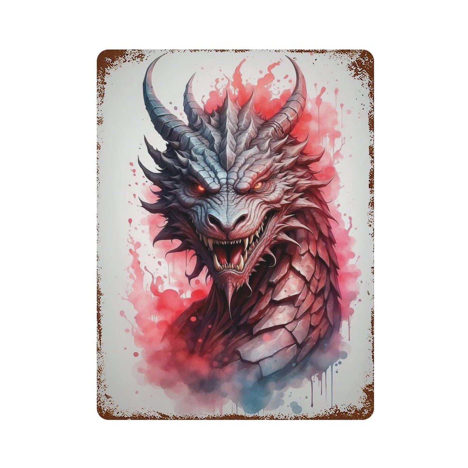 Rust Effect Tin Sign Watercolor Dragon 15.7"x11.8", Vintage Wall Decor for Basement, Hobby Room And Garage Decor