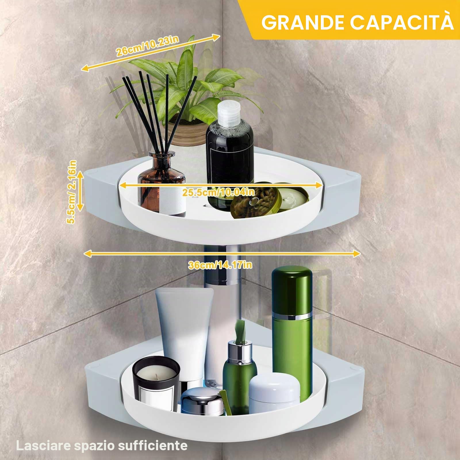 Qivine 2Pcs Mensola Doccia Angolare, Girevoli a 360° Porta Sapone per Doccia Con 4 Adesivi, Porta Bagnoschiuma Shampoo da Doccia Senza Foratura per Bagno e Cucina Organizer, Bianco