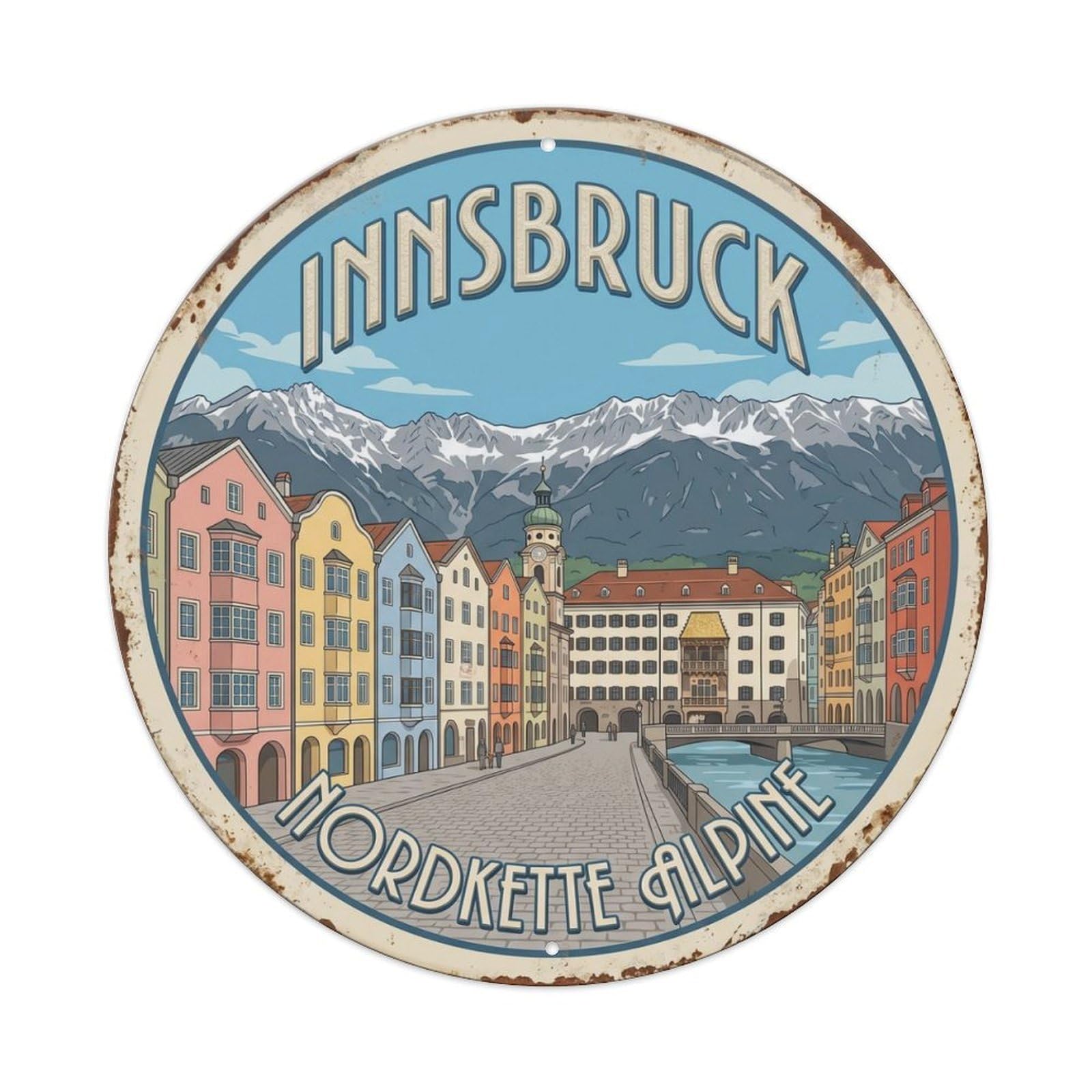 Innsbruck Nordkette Alpine Austria City Metal Tin Sign Plaque Wall Decor for Cafe, Club Bar, Office, Home Garden Round Metal Poster 8x8Inch