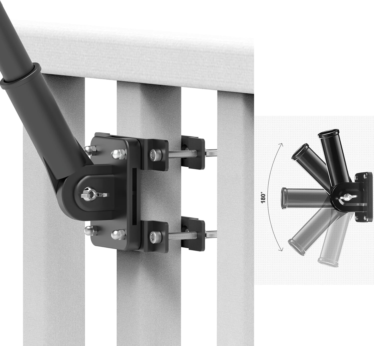 NO Drilling Flagpole Mount Fit for Balcony Railing - Flag Pole Holder Perfect for Porch & Fence - fit Round and Square Railing with Anti-Skid Silicone Patches - for 1 inch or thinner flagpole (Black)