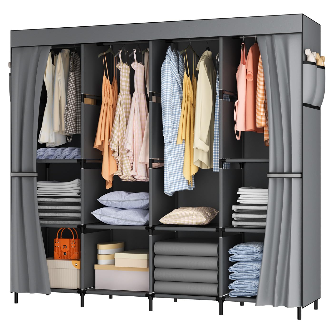 LOEFME Portable Closet Wardrobes for Hanging Clothes with 4 Hanging Rods and 6 Storage Organizer Shelves,Sturdy Storage Wardrobe for Bedroom Free Standing Cloth Rack with Cover, Gray