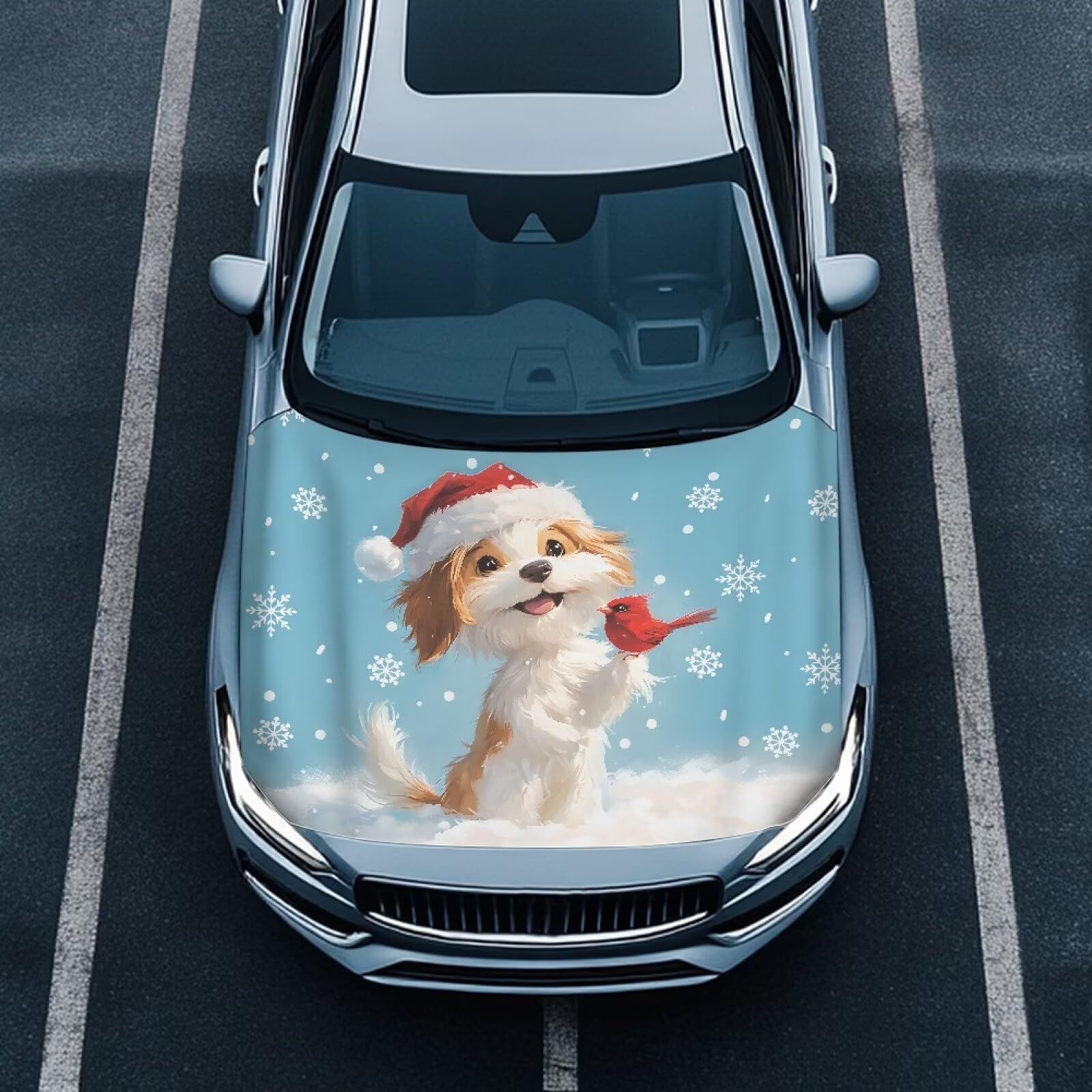 Christmas Dog Print Car Hood Cover Stretch Polyester Fabric Cover for Car Hood Waterproof Car Hood Protector Easy Installation for Christmas Decoration Gifits