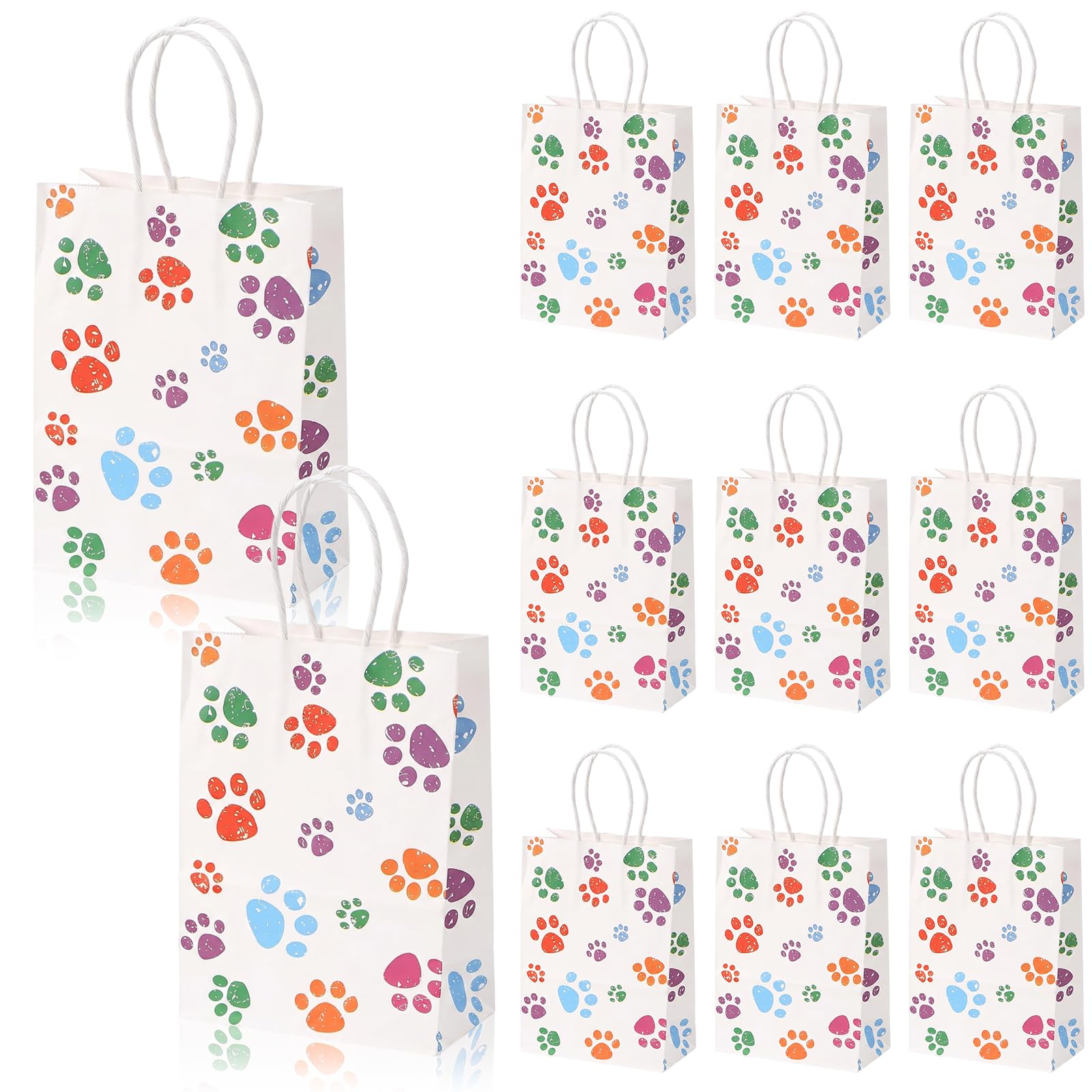 12 Pcs Paw Print Bags with Handles Paw Print Kraft Paper Gift Bags Thick Dog Paws Printing Gift Bag for Birthday Parties Baby Showers (Rainbow)