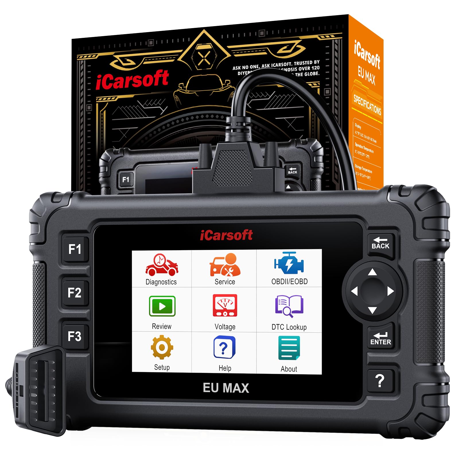 iCarsoft EU MAX OBD2 Auto Diagnostica per Marchi Europei, Diagnosi Auto Professionale in Italiano per Tutti i Sistemi, 48 Funzioni di Ripristino, Test Bidirezionale, Auto VIN, Aggiornamento a Vita