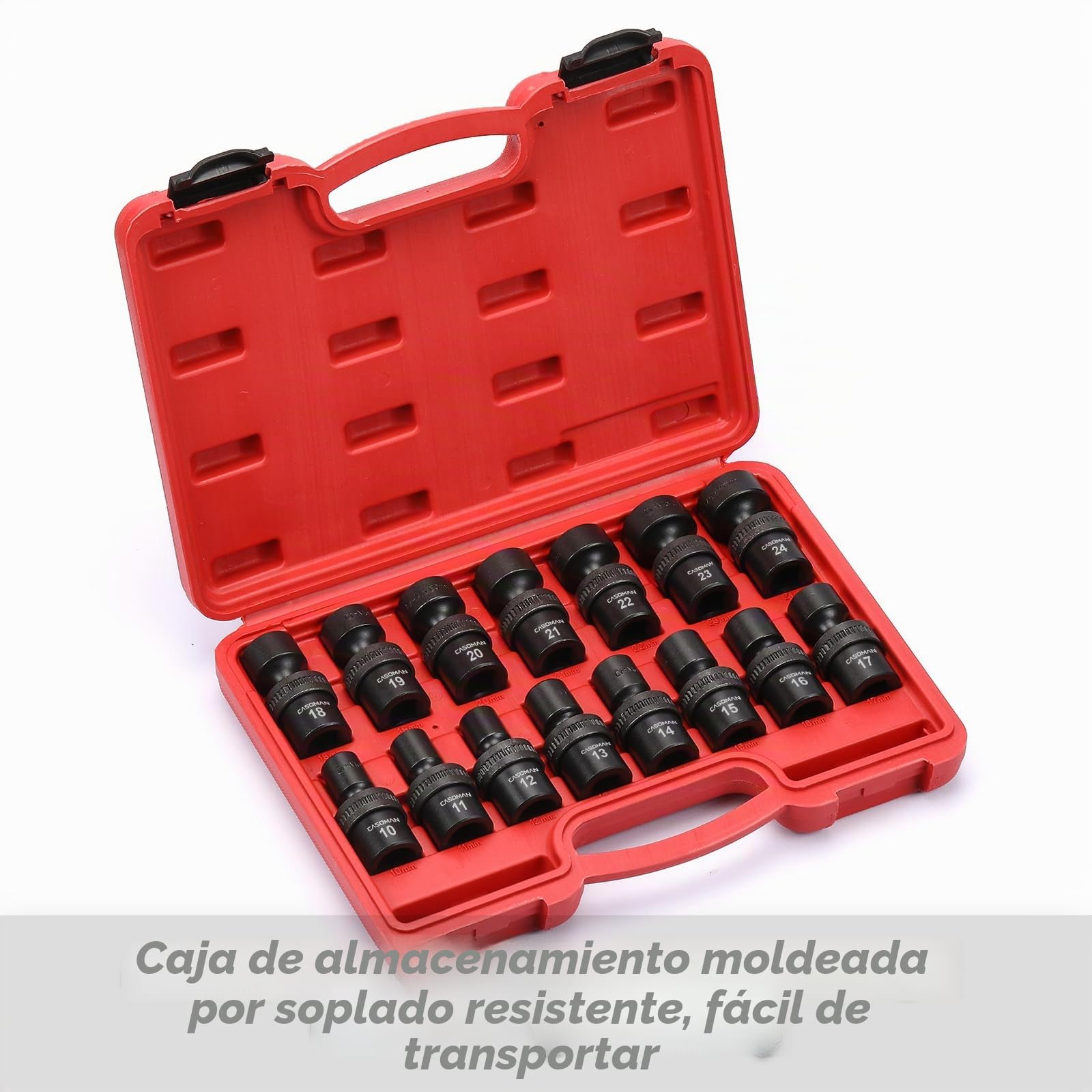 CASOMAN 15 PCS 1/2" Drive Standard Universal Impact Socket Set, 6 Point, CR-MO, Metric,10-24mm, Swivel Socket