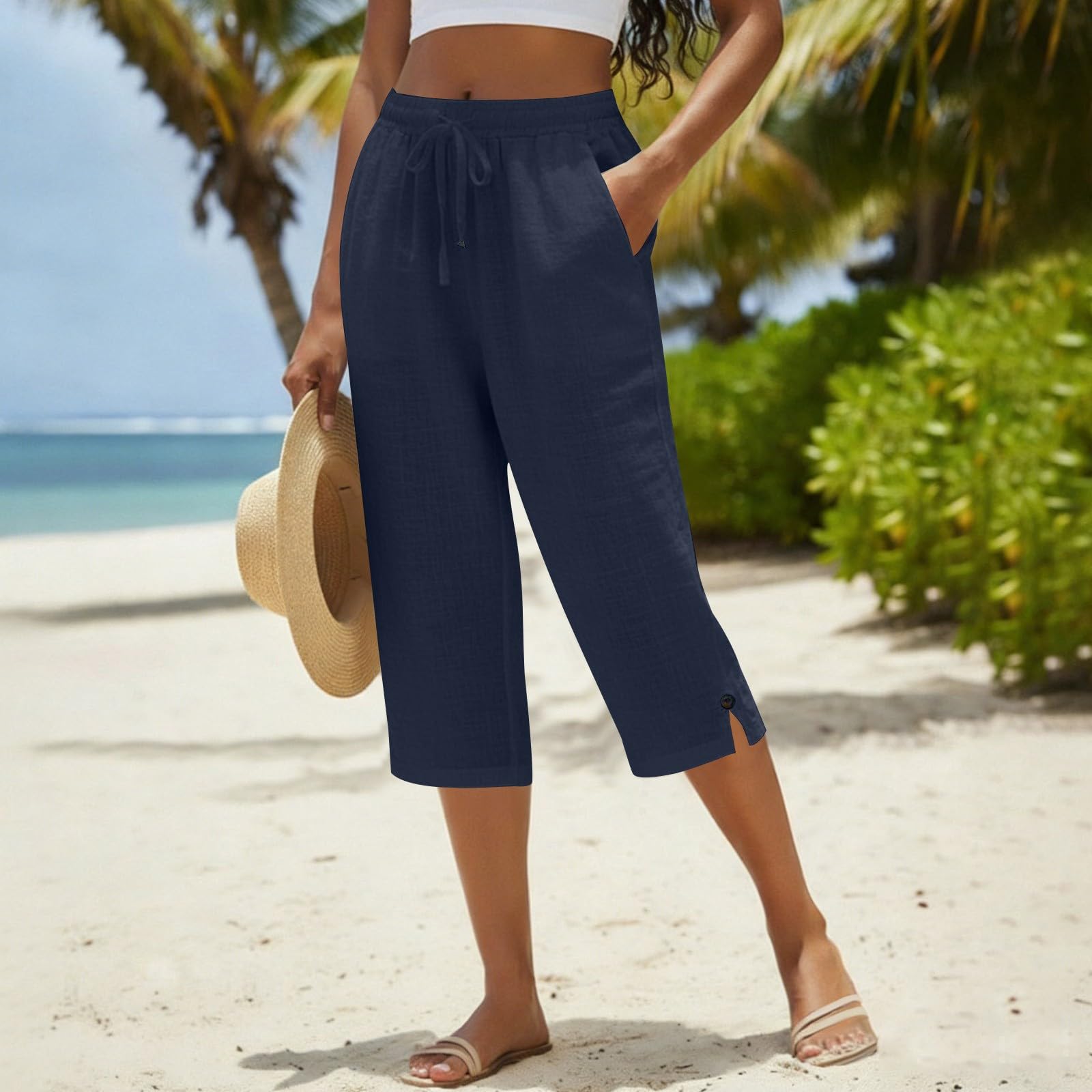 Pantacourt Femme Été Pantalon 3/4 en Coton et Lin Pantalon de Jogging Léger avec Poches Taille Élastique avec Cordon Bouton à la Cheville Pantalon de Sport Décontracté pour Yoga Randonnée - 3