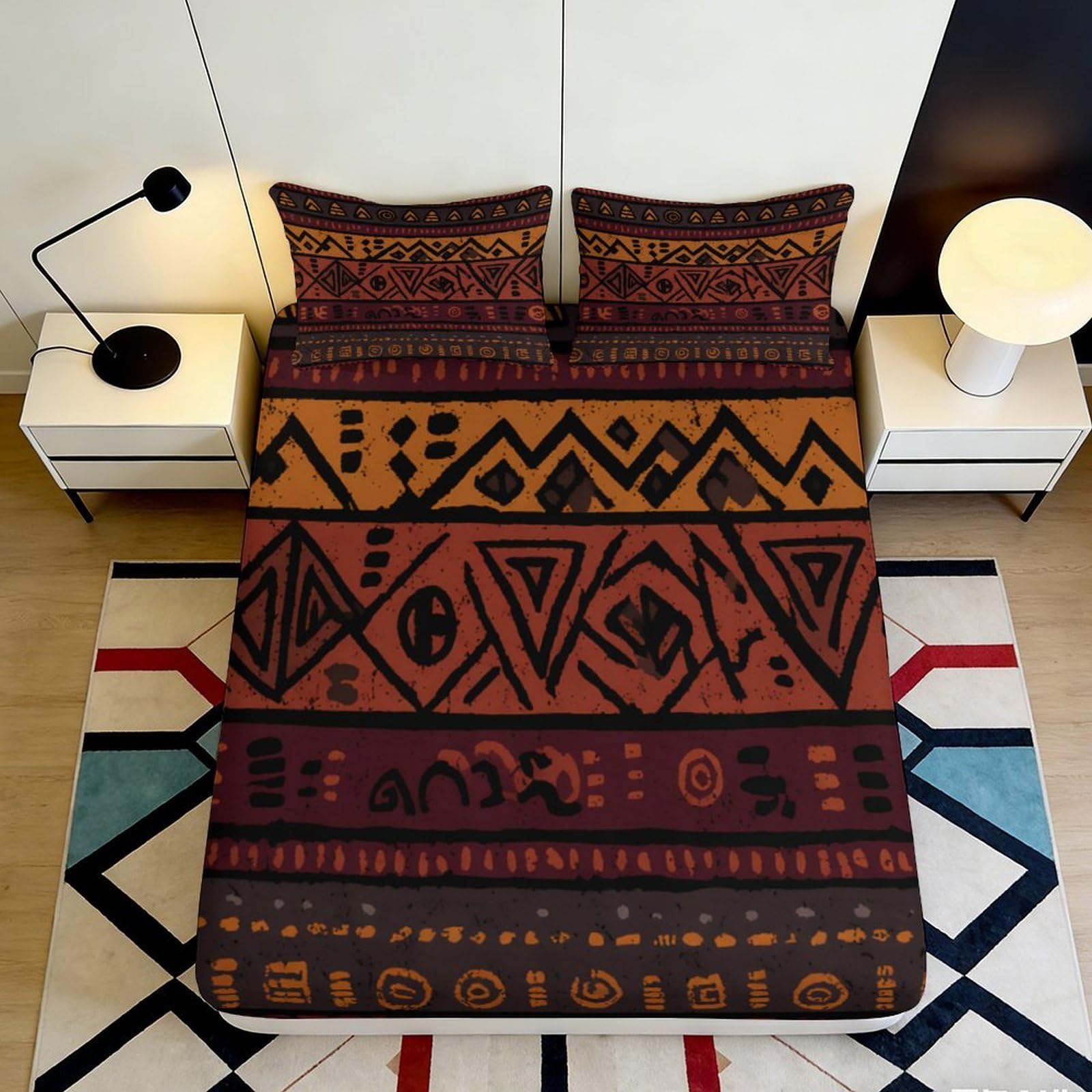 3D Printed Tribal Geometric Fitted Sheet Microfiber Soft Breathable Ethnic Abstract Mattress Cover for Bedroom Dorm Decor 120x200cm 120x200x25cm