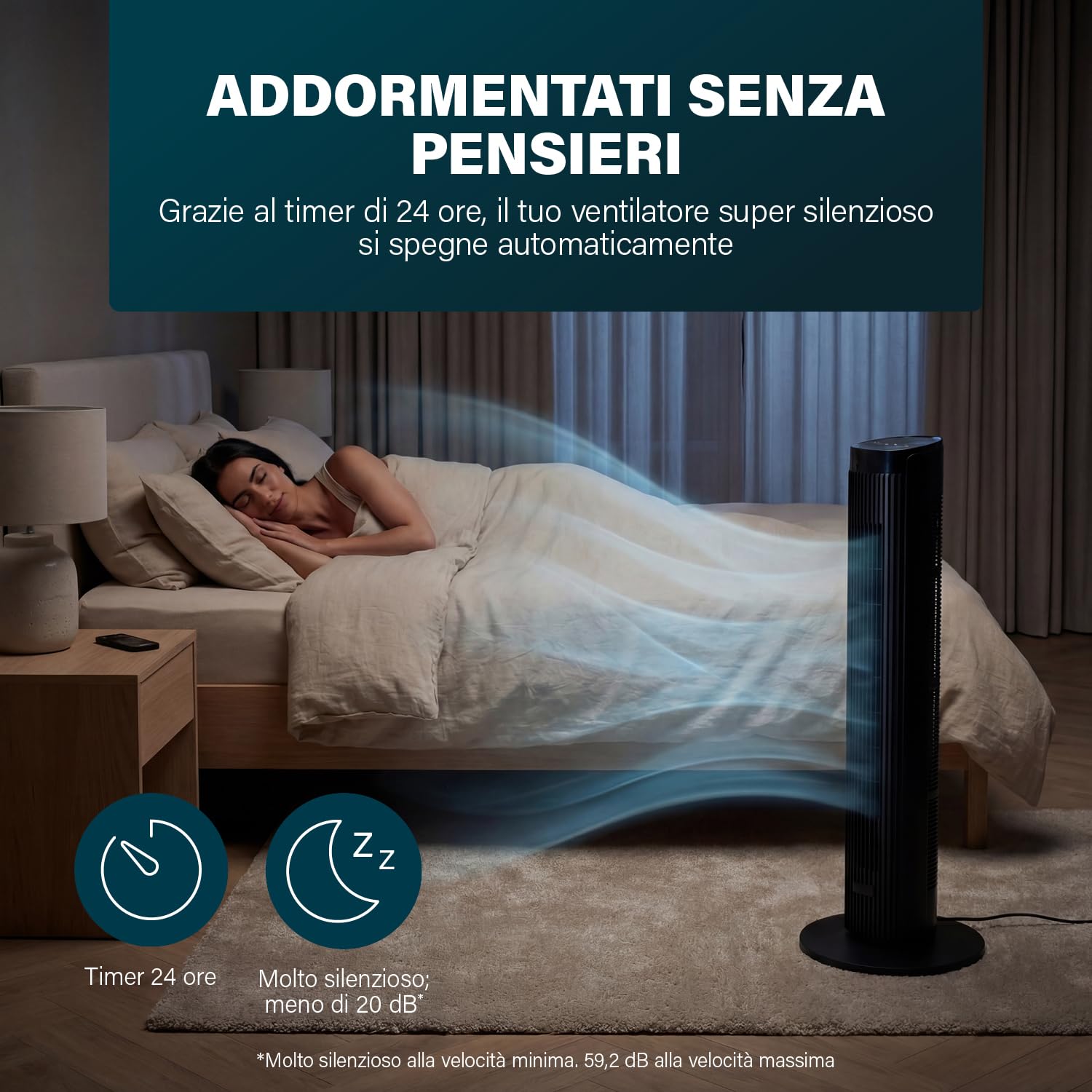Princess Ventilatore a torre Design elegante - 40 W - Potente, Silenzioso, Basso consumo - Altezza: 91,5 cm - Oscillante - 4 modalità - 12 velocità - 352370