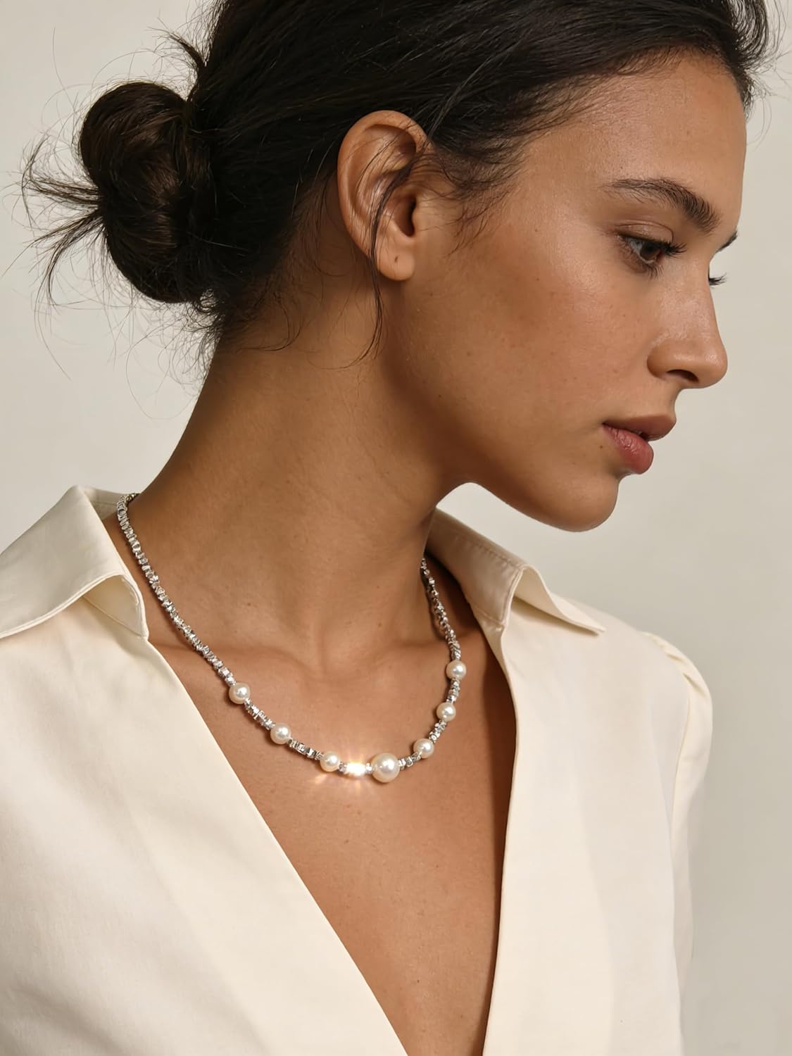 Gmai Pearl Necklace for Women Silver Irregular Small Square Pearl Choker Dainty Adjustable Classic White Pearl Necklace Simple Gift Birthday Wedding Valentine's Day Everyday Jewelry - Image 2