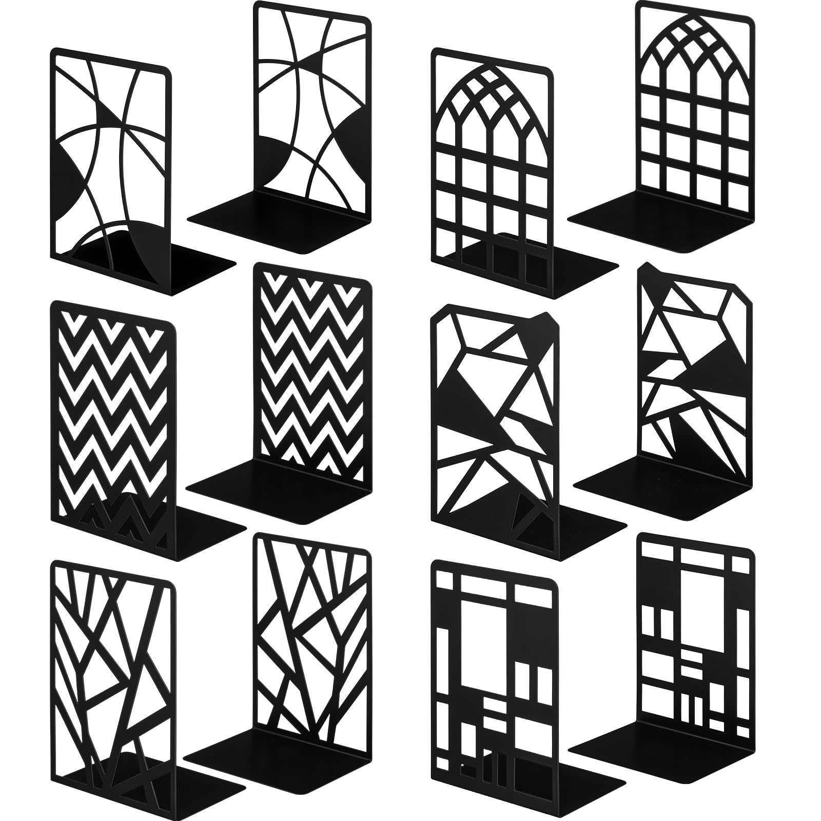Feifeiya Dekorative Buchstützen aus Metall, robust, für Regale, Büro, Buchstützen, schwarz, rutschfest, 17,5 x 12,4 x 9 cm (geometrisch), 6 Paar