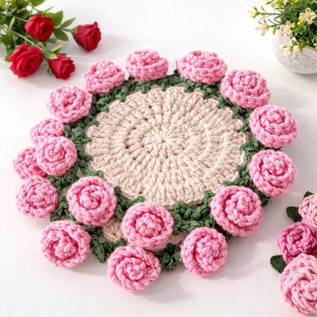 Handmade Crochet Rose Table Mat | Floral Round Doily Coaster | Pink Flower Centerpiece for Dining & Coffee Table | Home Decor Gift-image-27