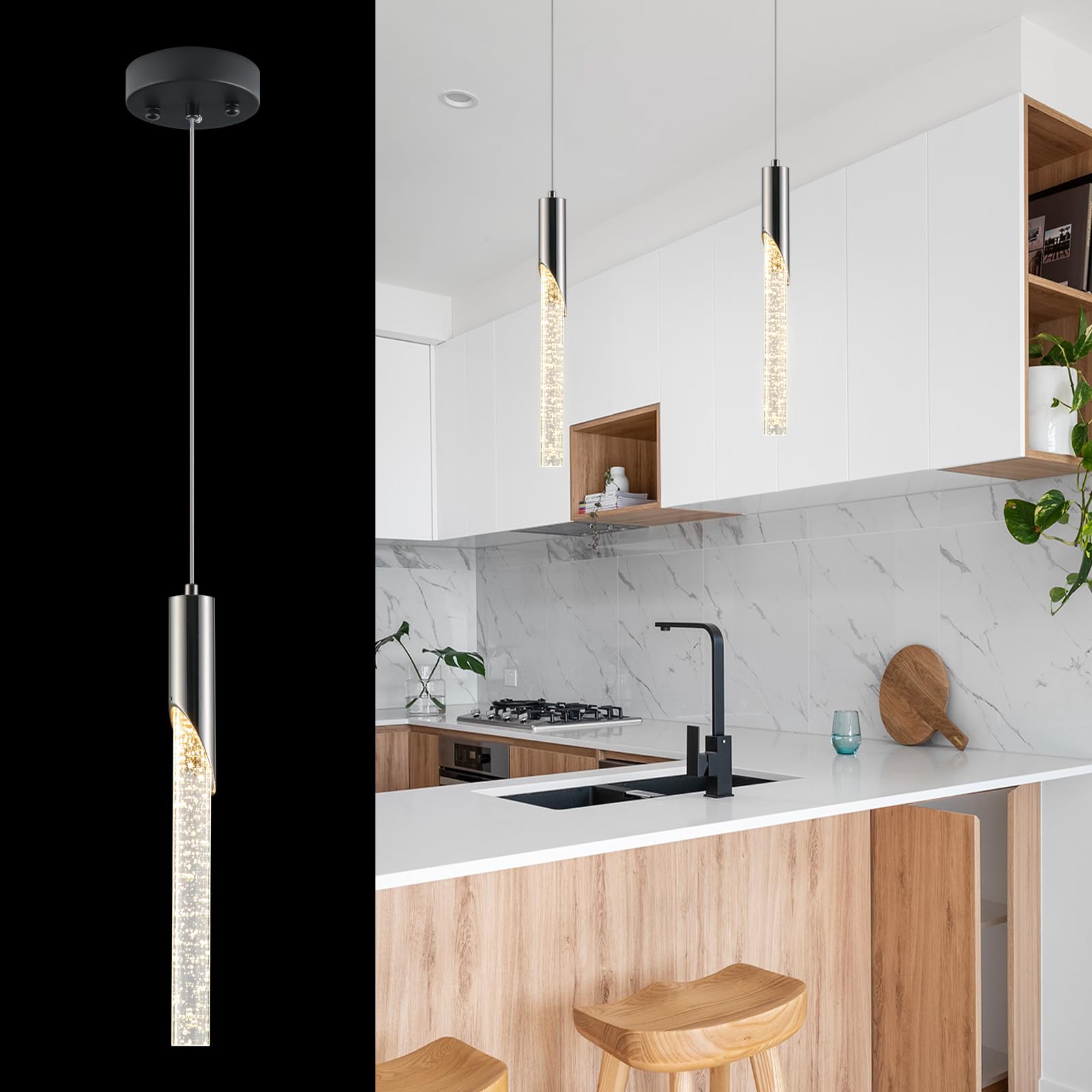 Pendant Lights Kitchen Island, Modern Led Pendant Light with Crystal Bubble, Integrated Hanging Lighting Fixtures for Bar Dining Room Black 1 Pack