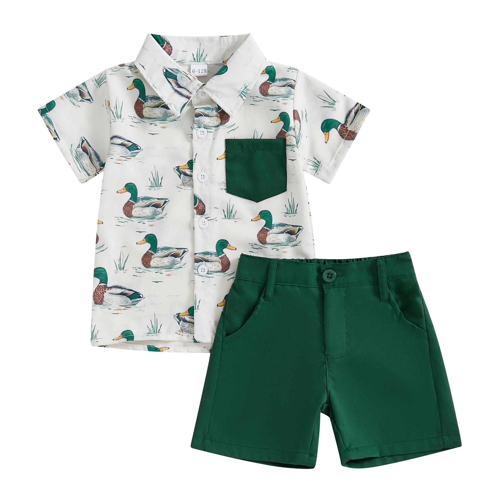 Hunting Baby Boy Clothes Mallard Duck Short Sleeve Button Down Shirt Shorts Set Toddler Summer Dress Outfits (Green, 6-12 Months)