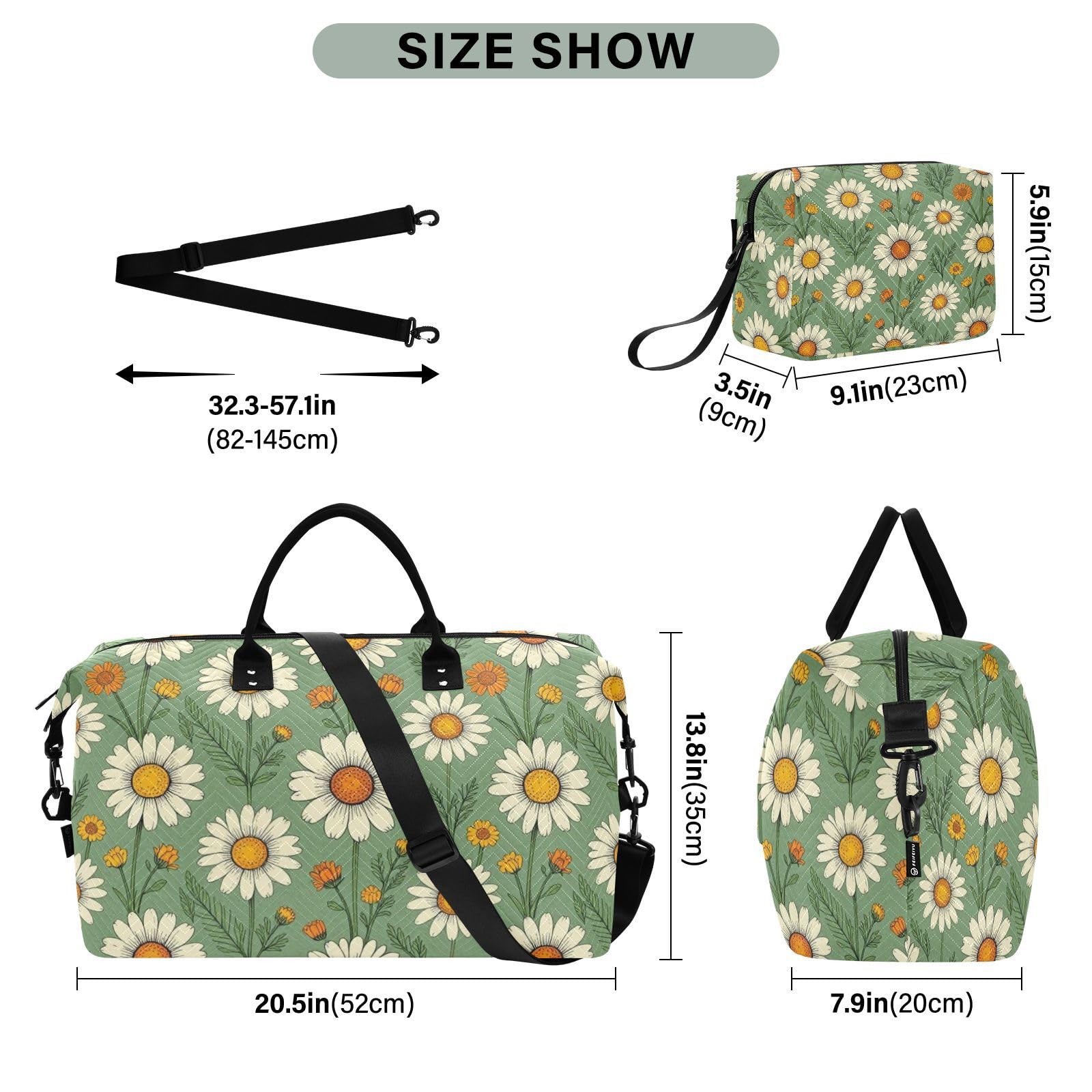 Zestaw toreb bagażowych podwójny zestaw toreb pełny nadruk siatkowa kieszeń solidna weekendowa wycieczka, Daisy Bloom, One Size, Klasyczny