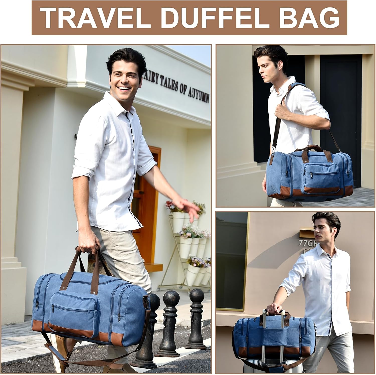 Litvyak Duffle Bag for Travel, Large 60L Canvas Travel Duffel Bags Overnight Weekend Gym Carry On Luggage Bag for Men & Women(Blue) - Image 2