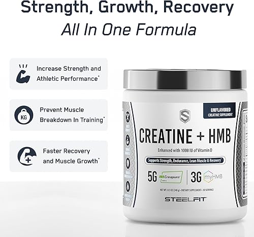 Miniatura 2 de SteelFit Creatine HMB Powder - 0.18 oz Creapure Creatine Monohidrato en polvo, 0.11 oz myHMB y 1000 UI de vitamina D - Suplemento de entrenamiento
