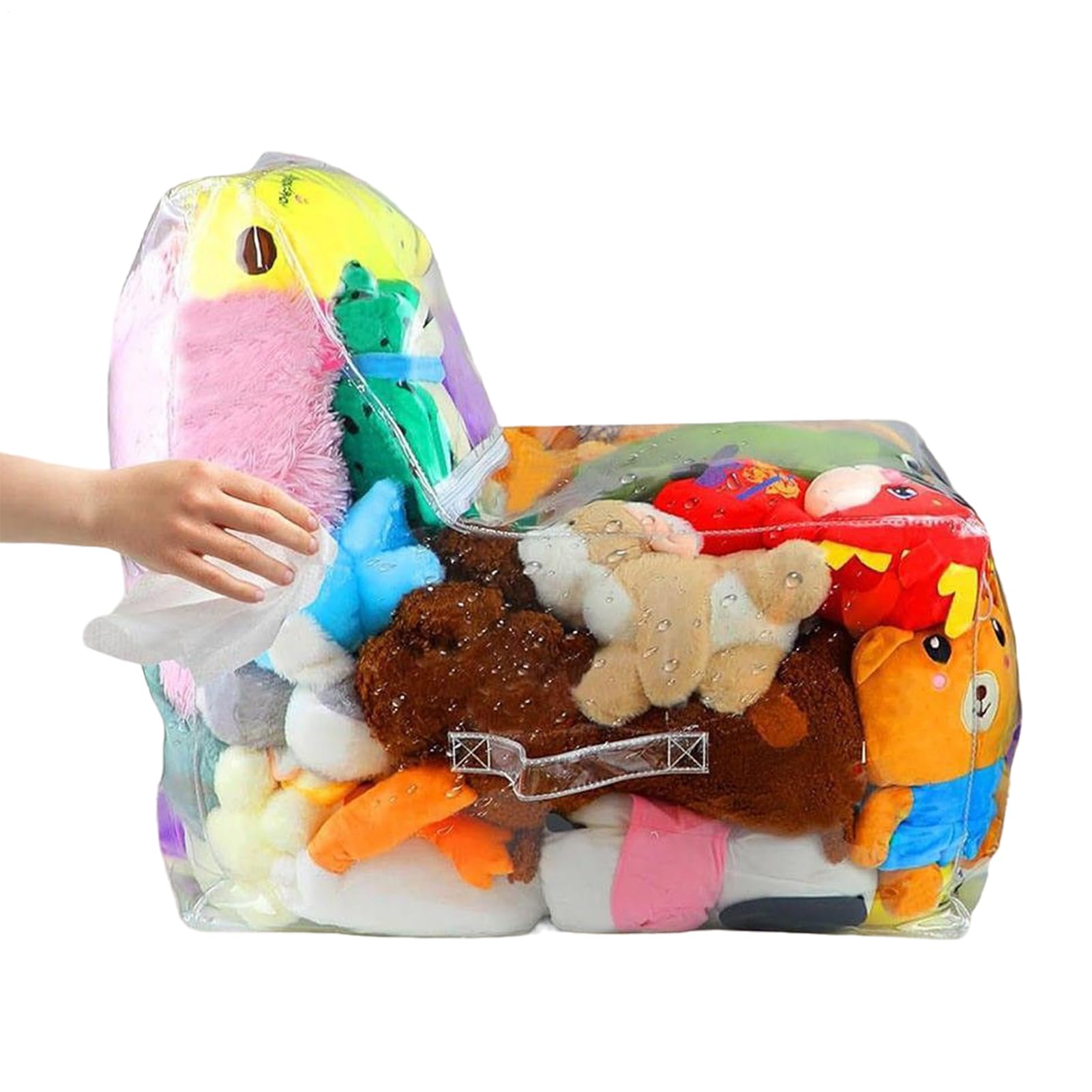 Puf de almacenamiento transparente grande con cremallera para organizar peluches en el dormitorio