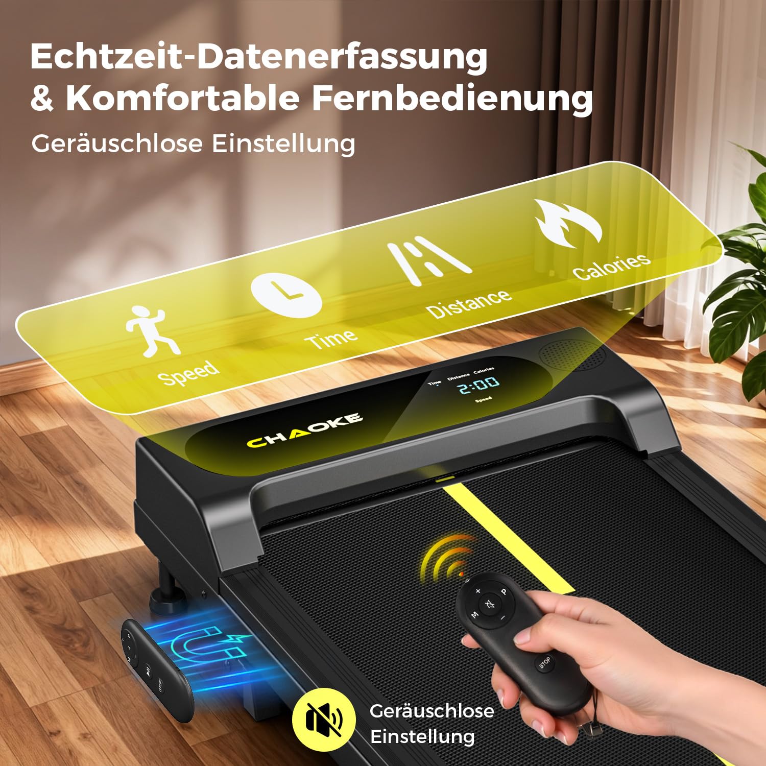CHAOKE Walking Pad mit Steigung 9%, 1-10 km/h Laufband für Zuhause mit APP, 2.75HP Walking Pad Cardio für Home-Office mit Eingebaute Lautsprecher, LED-Anzeige, Leise Schreibtisch Laufband