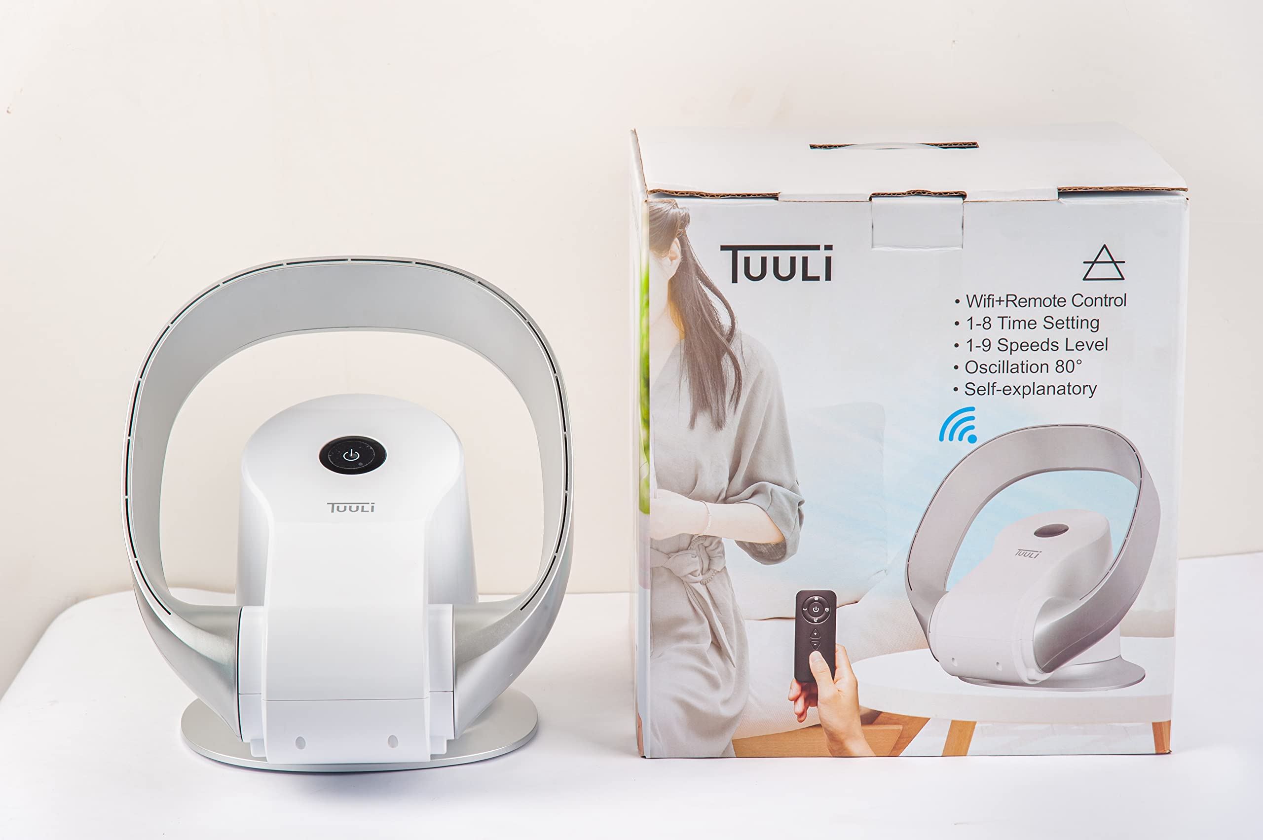 Tuuli Ventilatore da Parete Senza Pale: 9 Velocità, Oscillazione 80°, WIFI, Touch Screen, Telecomando, Risparmio Energetico (1, BIANCO)