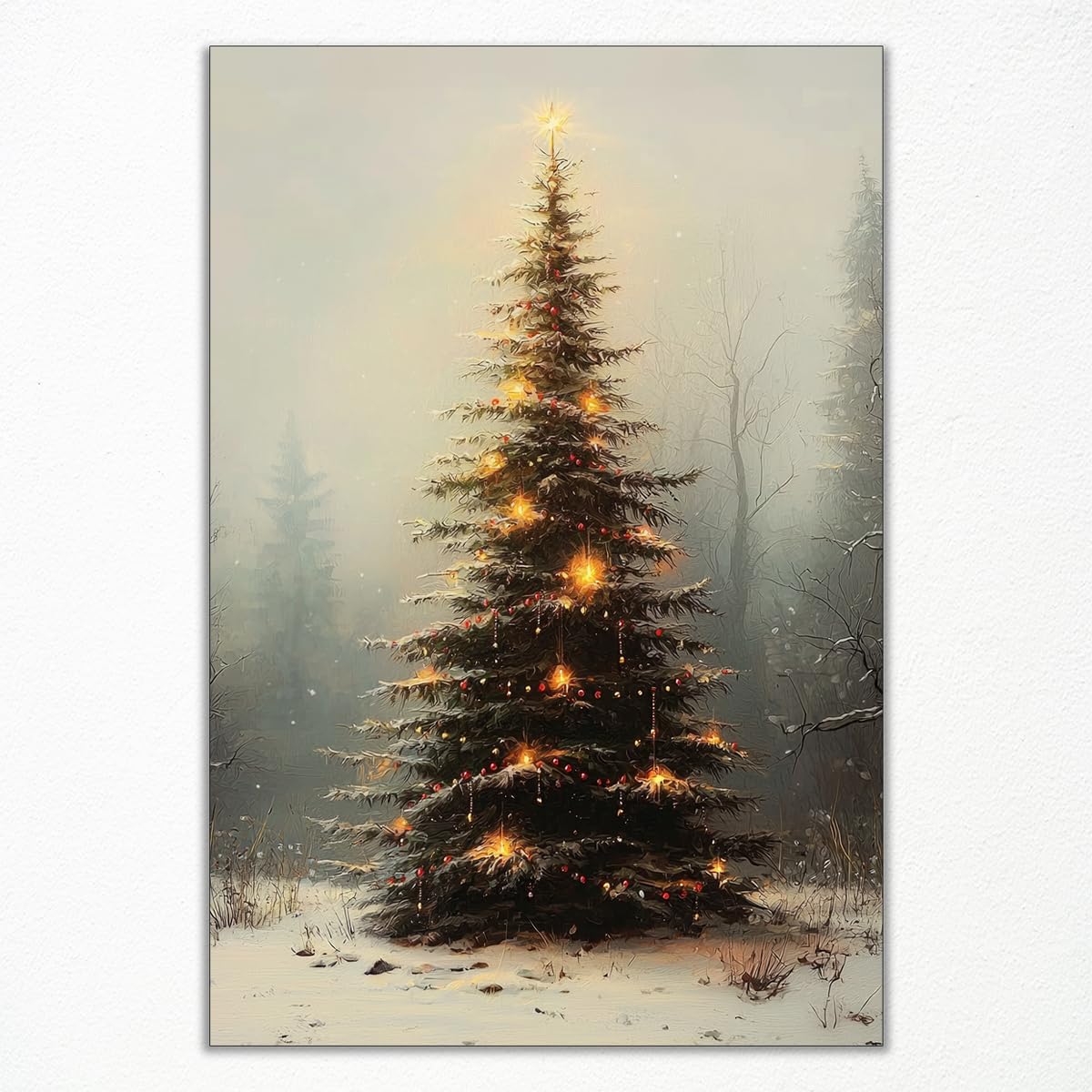 Enlaizhude Vintage Christmas Tree Canvas Wall Art, Light Up Christmas Tree Painting Poster, Winter Snowy Poster, Muted Neutral Moody Rustic Winter Picture Prints for Wall Decor 12x16in Unframed