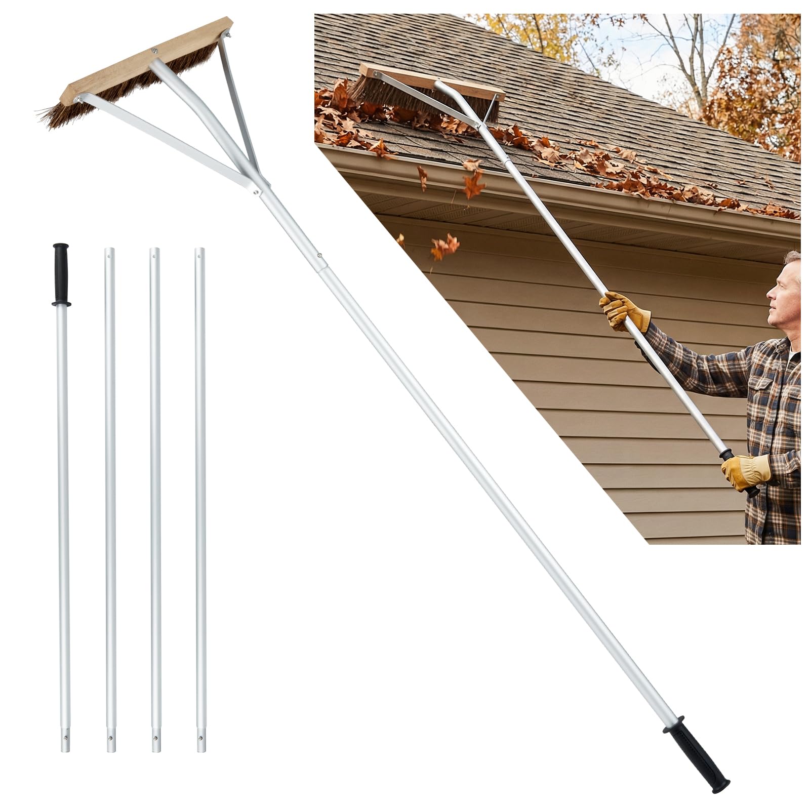 GYMAX verstellbares Dachbesen 165-626 cm, Gartenharke mit Bürstenkopf & Rutschfester Griff, Laubrechen für Landschaftspflege Gartenpflege